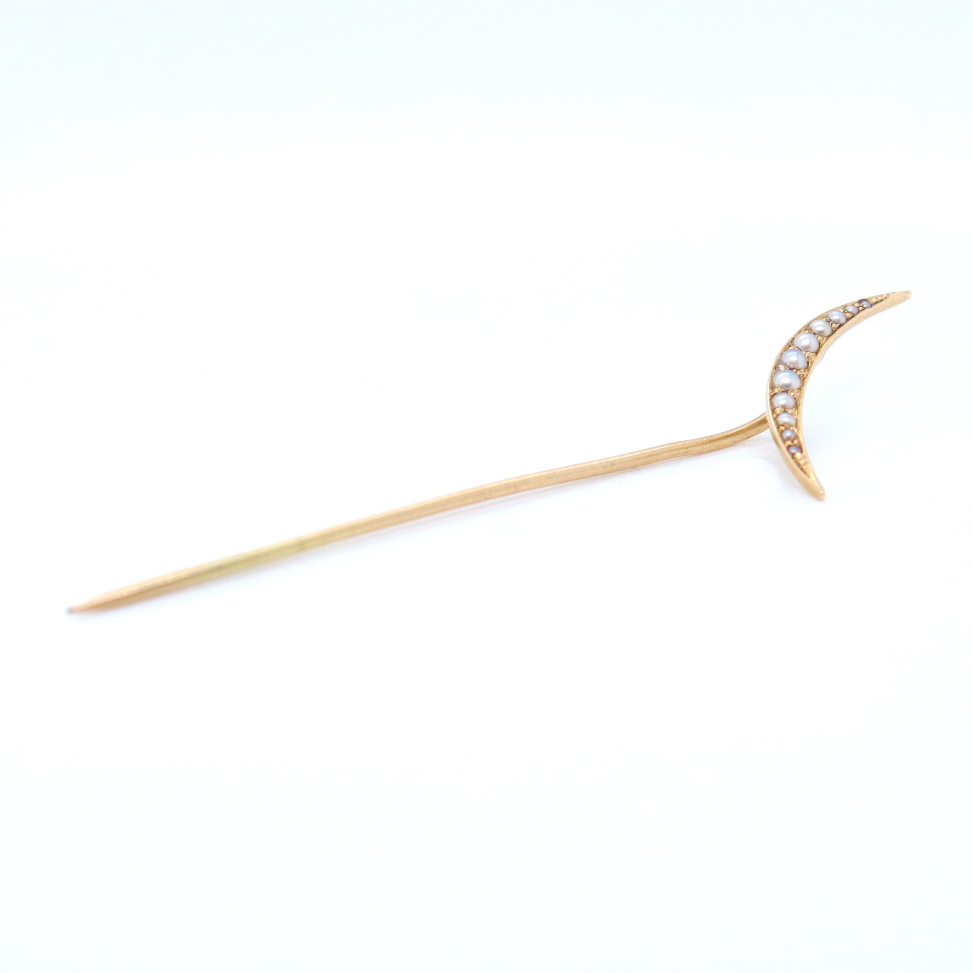 Round Cut Antique 14k Gold & Seed Pearl Crescent Moon Stick Pin For Sale