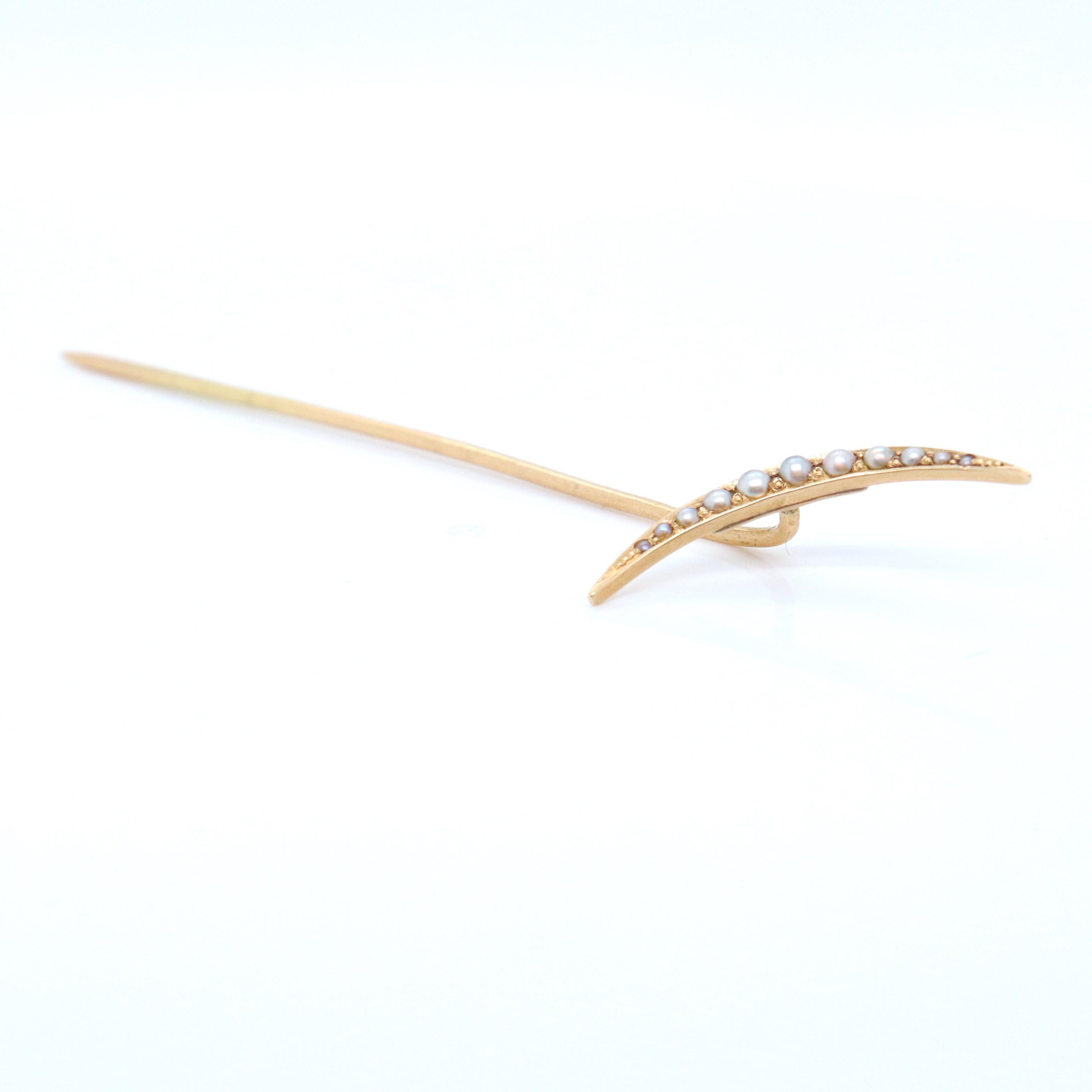 Women's or Men's Antique 14k Gold & Seed Pearl Crescent Moon Stick Pin For Sale