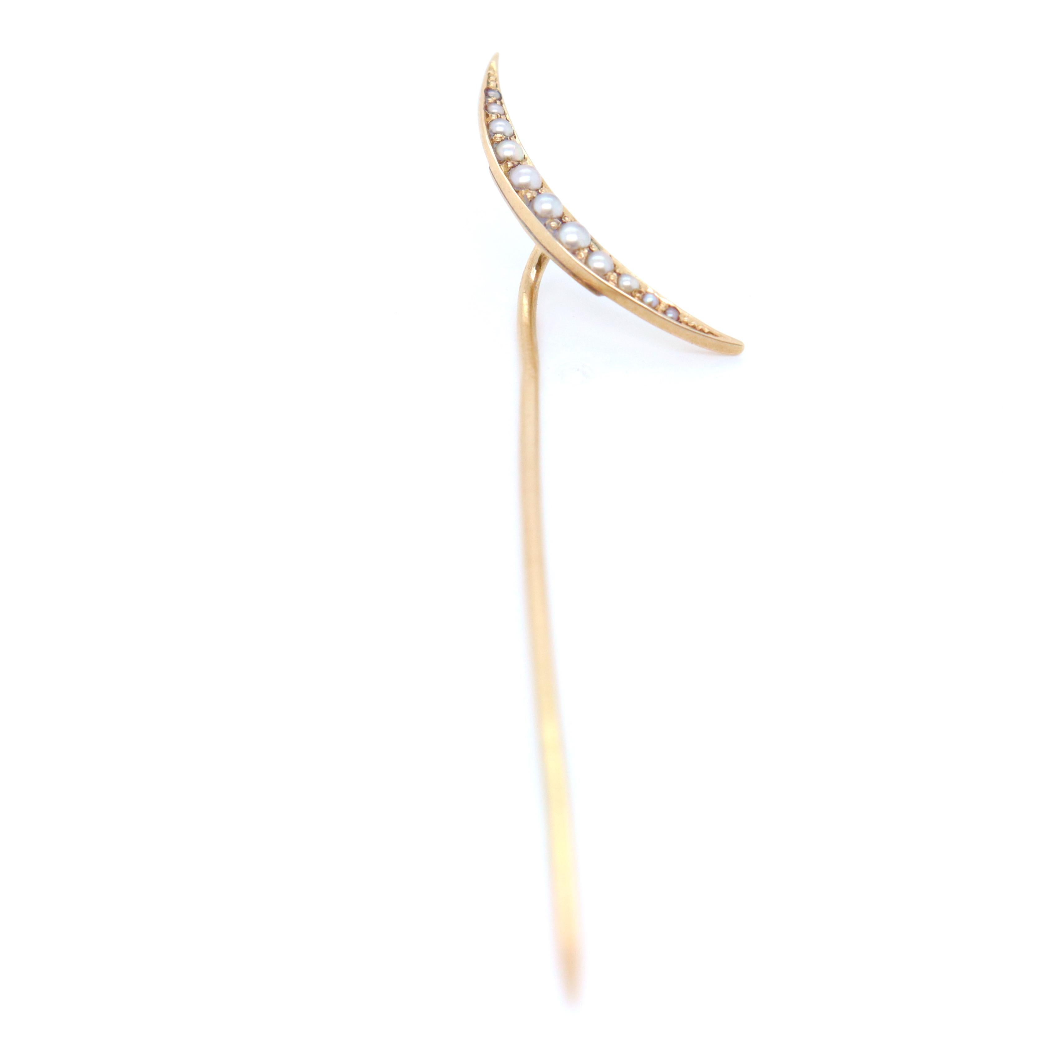 Antique 14k Gold & Seed Pearl Crescent Moon Stick Pin For Sale 1