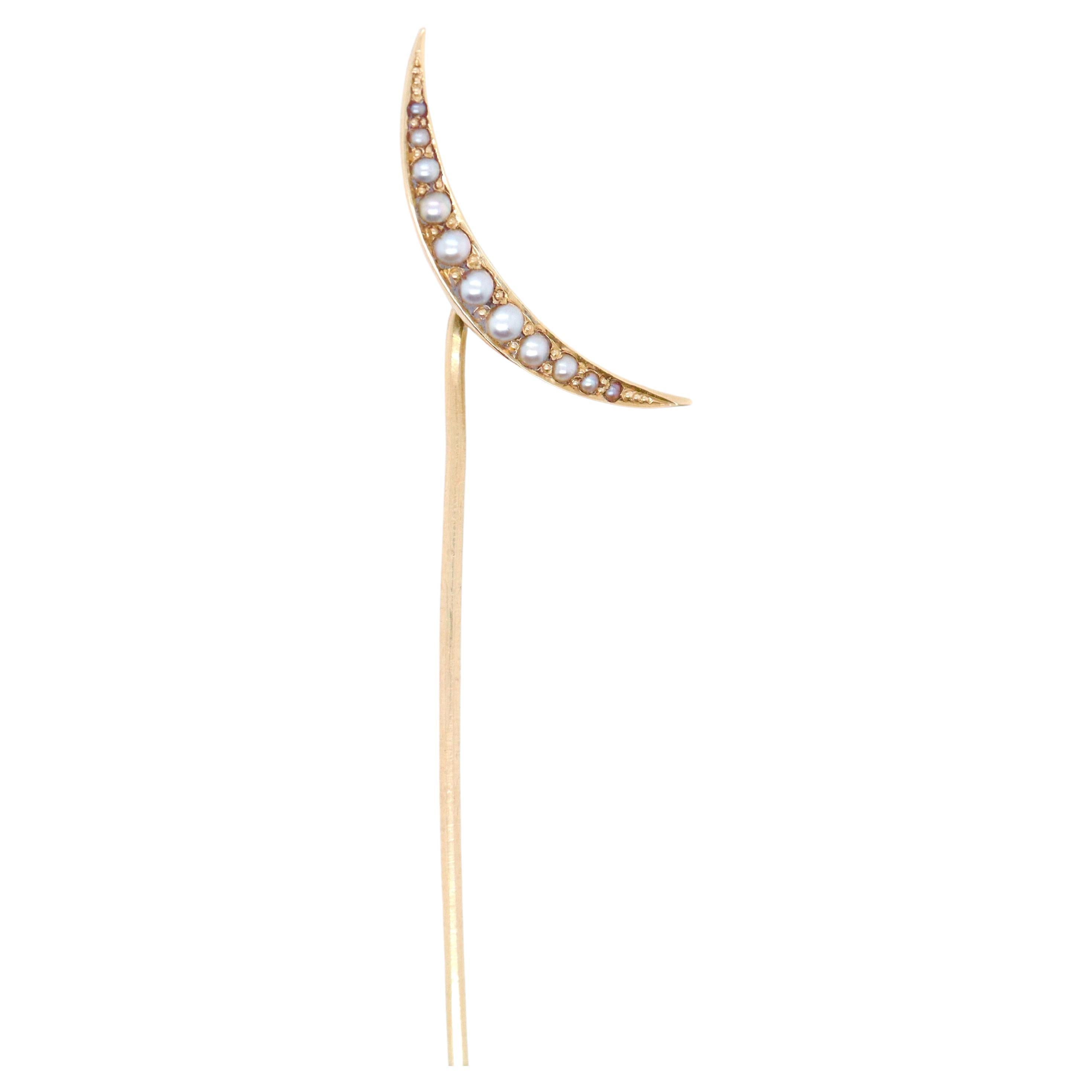 Antique 14k Gold & Seed Pearl Crescent Moon Stick Pin