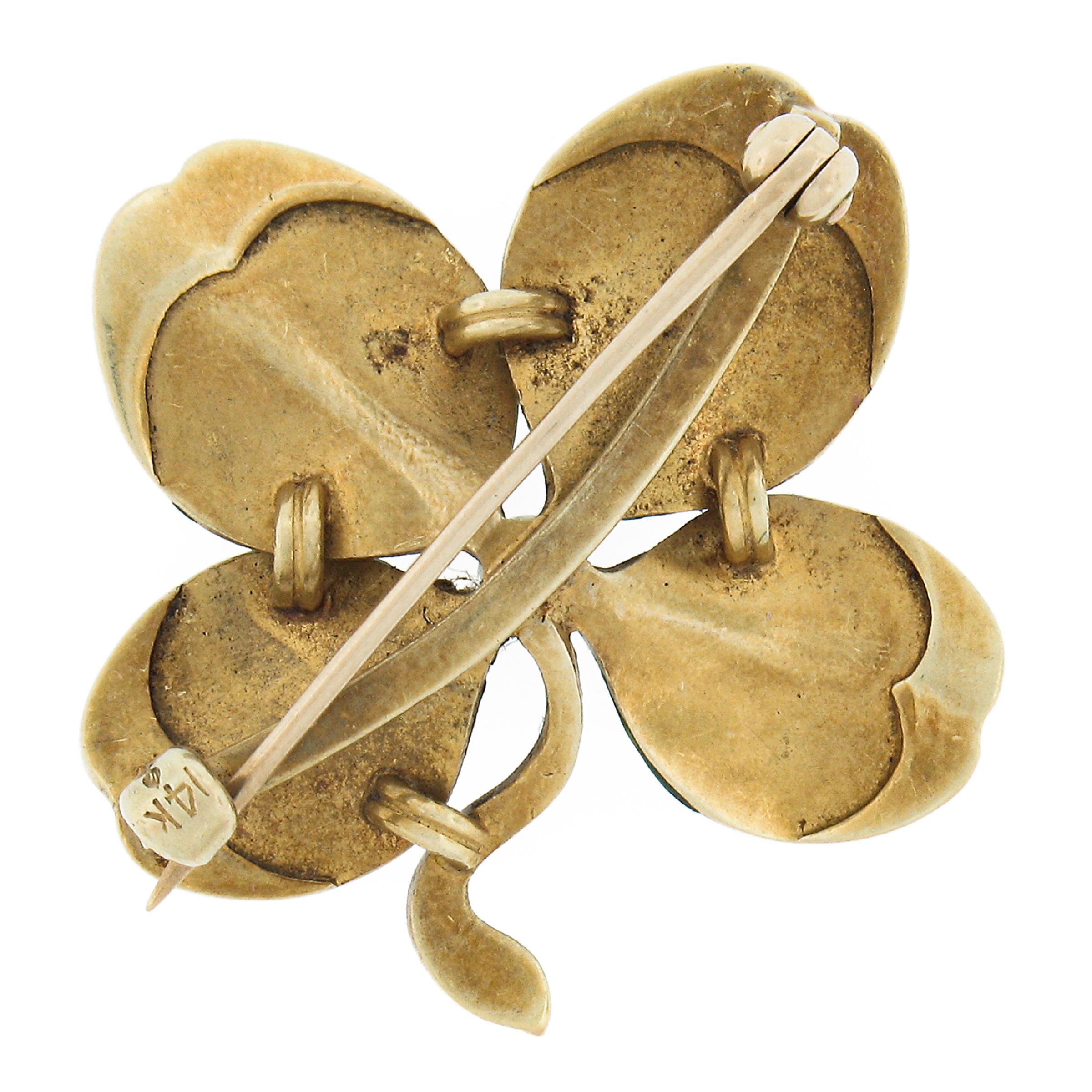 Art Nouveau Antique 14k Gold Seed Pearl Matte Green Enamel Detailed Clover Leaf Brooch Pin
