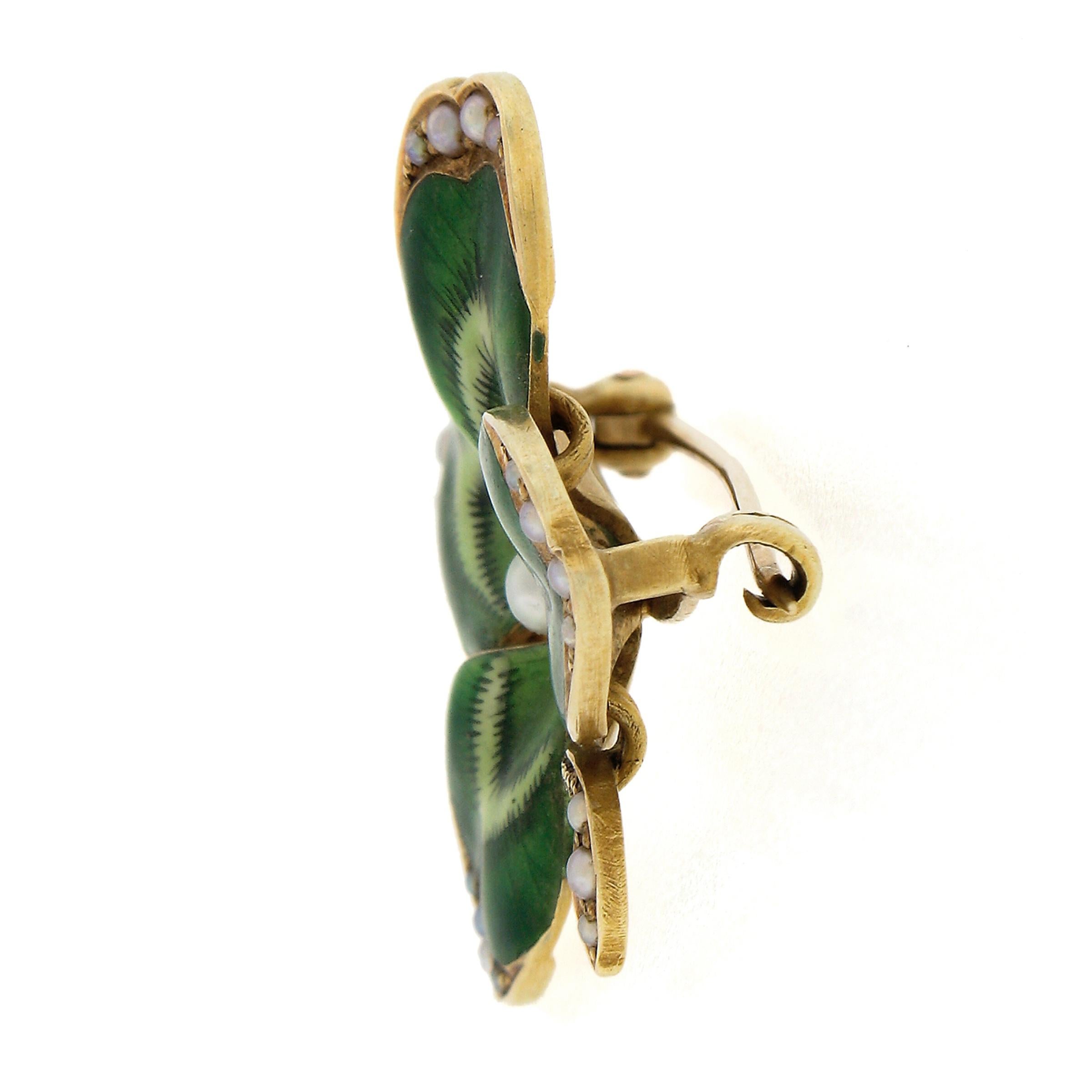 Antique 14k Gold Seed Pearl Matte Green Enamel Detailed Clover Leaf Brooch Pin In Good Condition In Montclair, NJ