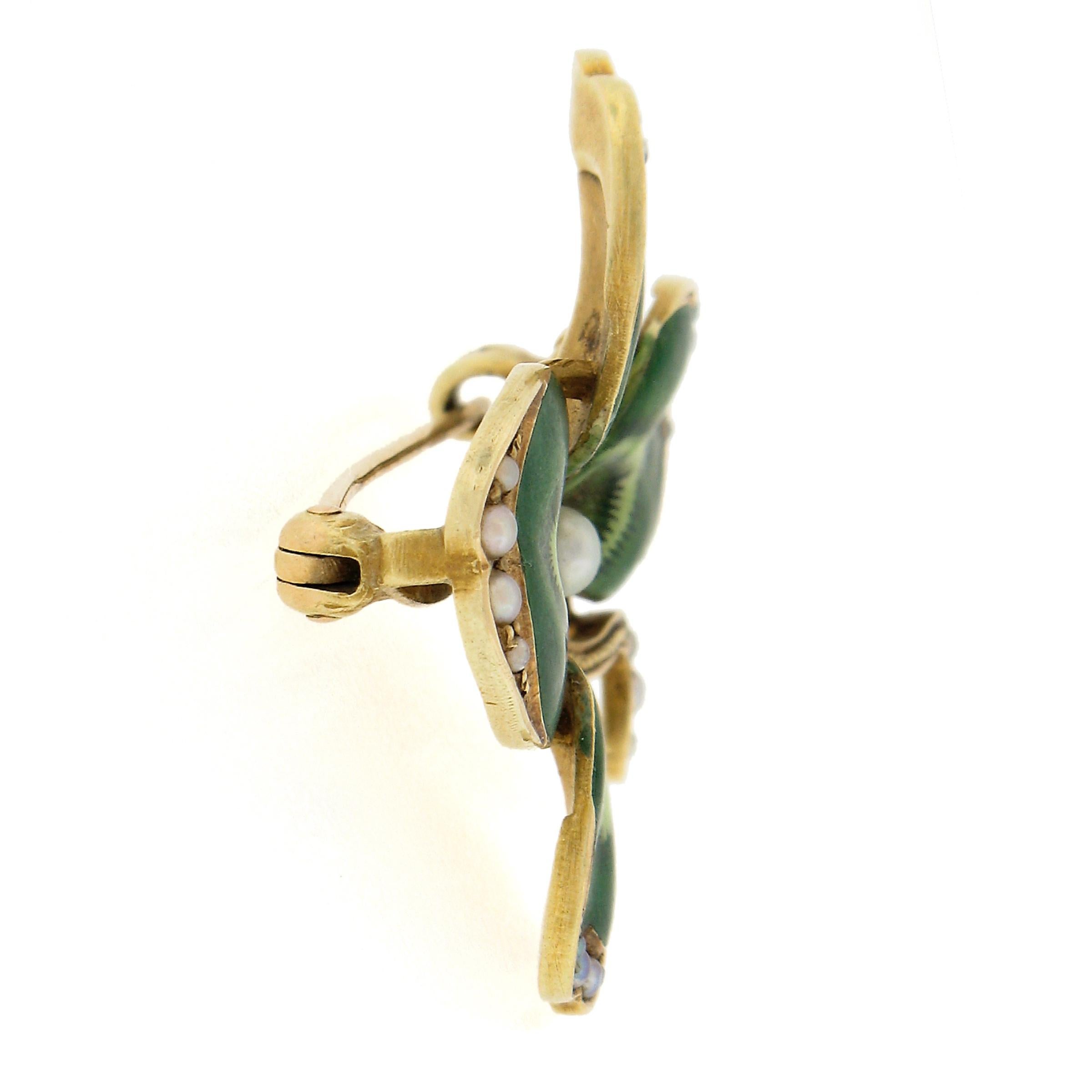 Women's or Men's Antique 14k Gold Seed Pearl Matte Green Enamel Detailed Clover Leaf Brooch Pin