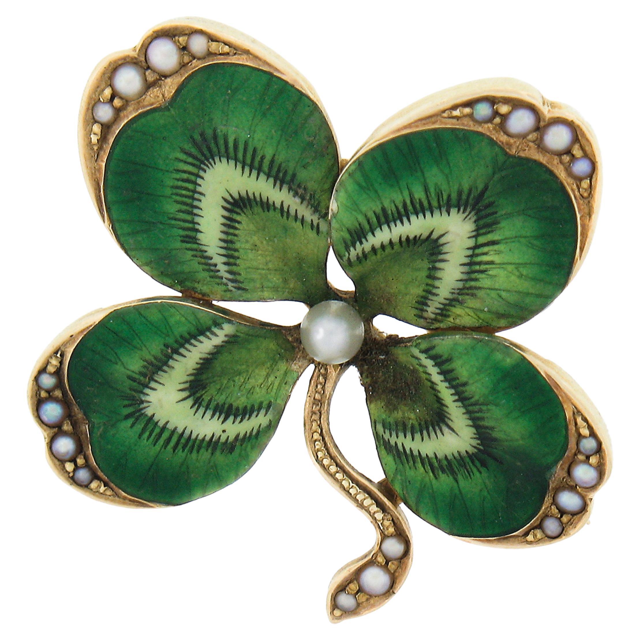 Antique 14k Gold Seed Pearl Matte Green Enamel Detailed Clover Leaf Brooch Pin