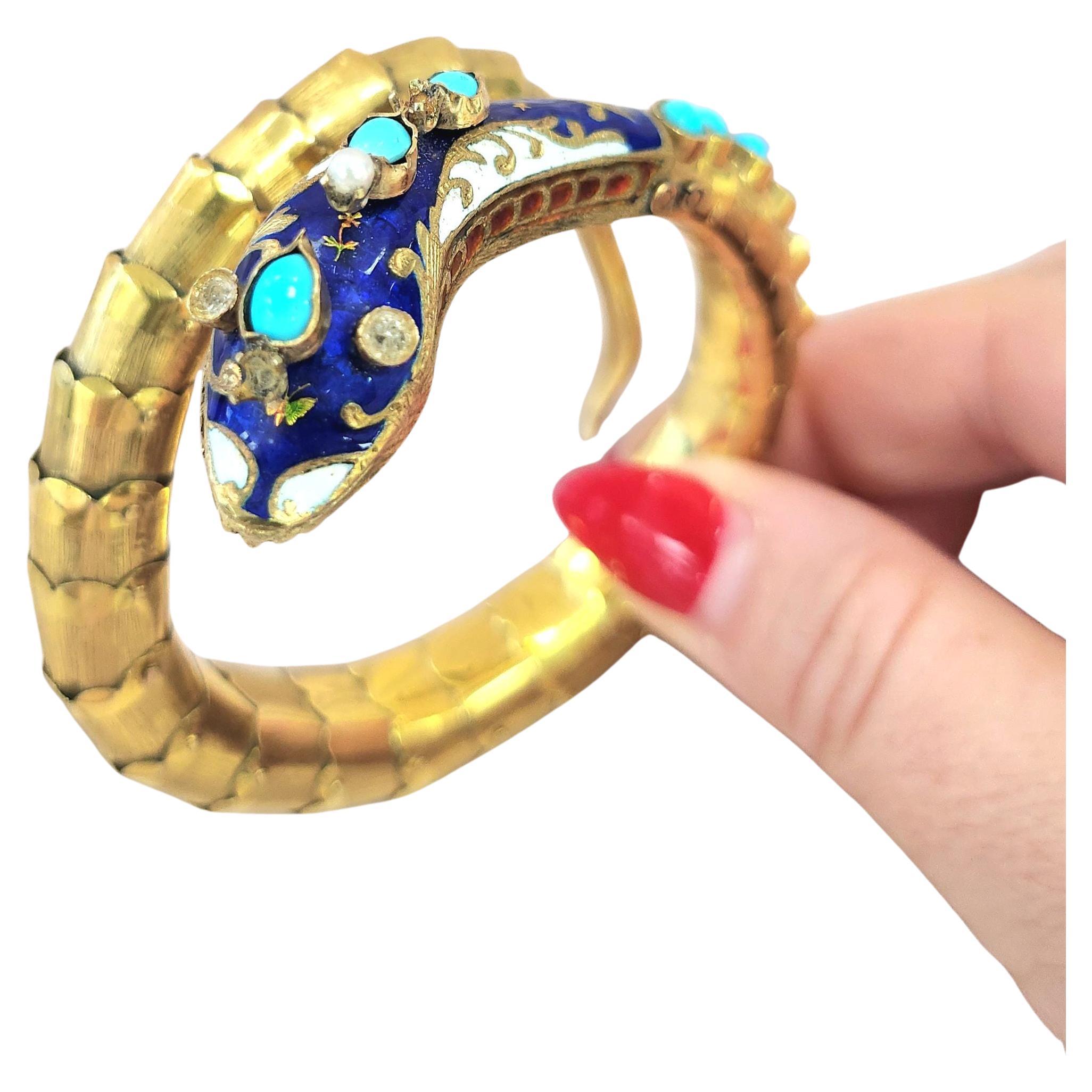 Antico bracciale a forma di serpente in oro 14K con turchese e perle in vendita