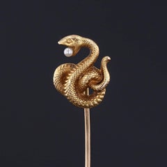 Antique 14k Gold Serpent Stickpin with Pearl, Circa 1880-1900