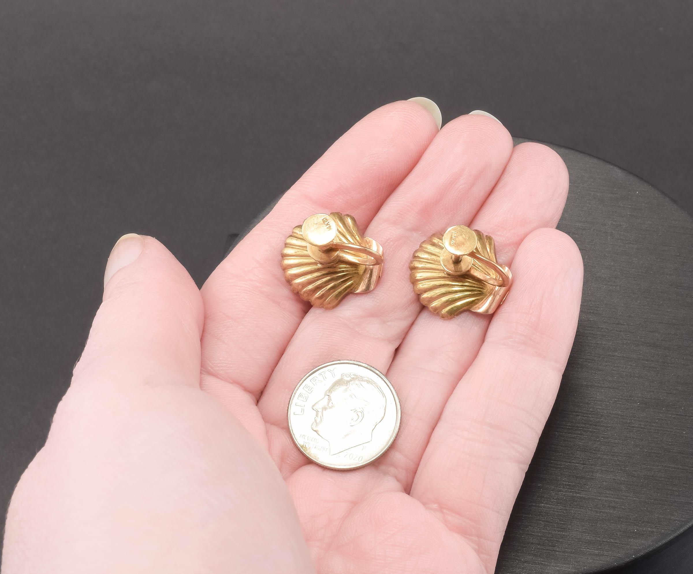 Antique 14K Gold Shell Earrings w Pearls by Sloan & Co. French Screw Back Style For Sale 4