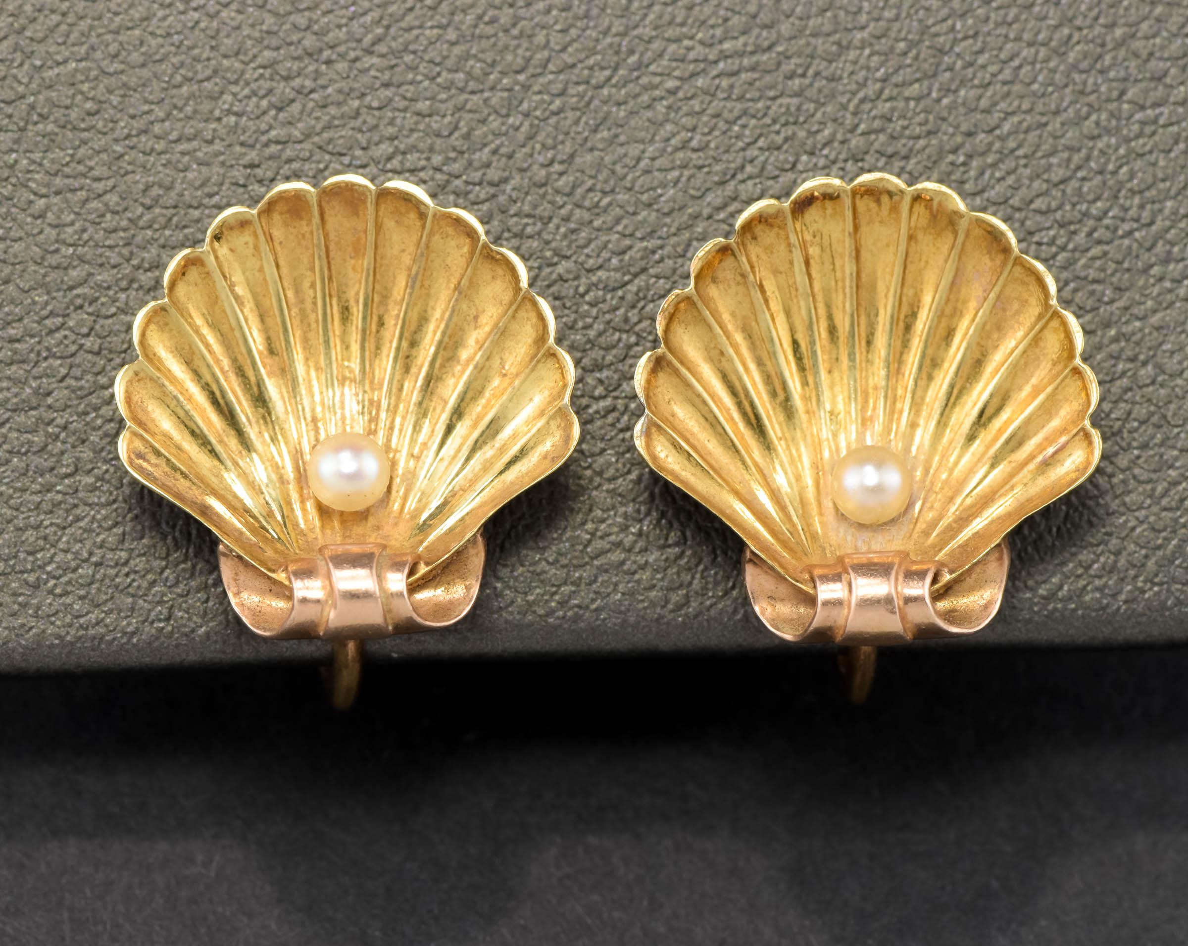 Antique 14K Gold Shell Earrings w Pearls by Sloan & Co. French Screw Back Style For Sale 8