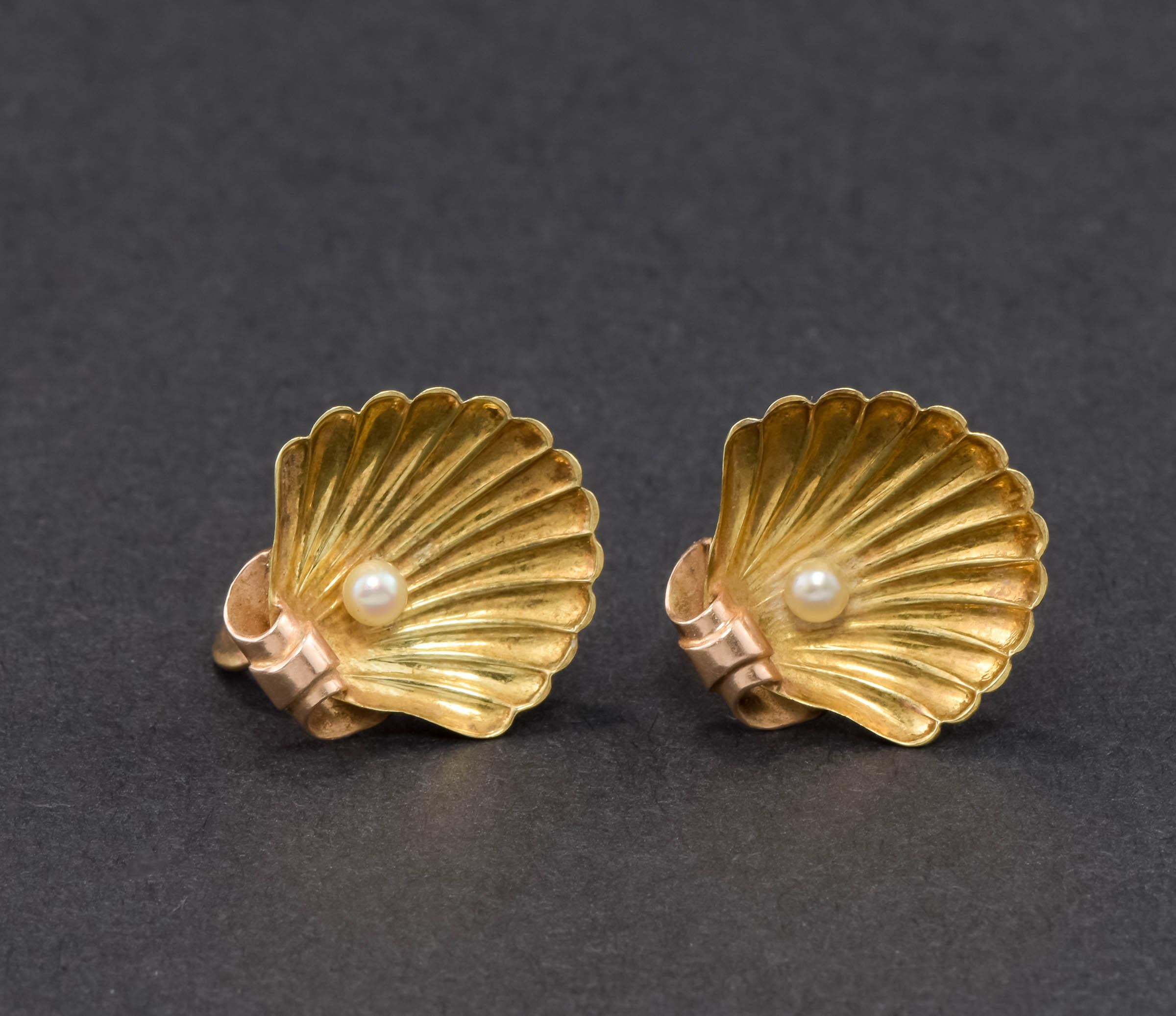 Ich freue mich, ein schönes Paar antiker 14K Gold Shell Ohrringe von Sloan & Company anbieten zu können.  Diese Ohrringe haben französische Schraubverschlüsse und sind für nicht gepiercte Ohren gedacht, können aber auf Wunsch in gepiercte Ohrringe