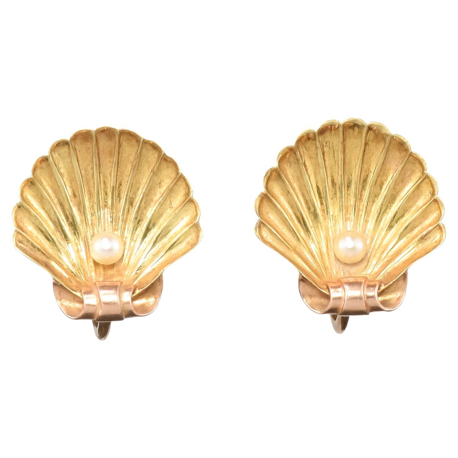 Antique 14K Gold Shell Earrings w Pearls by Sloan & Co. French Screw Back Style For Sale