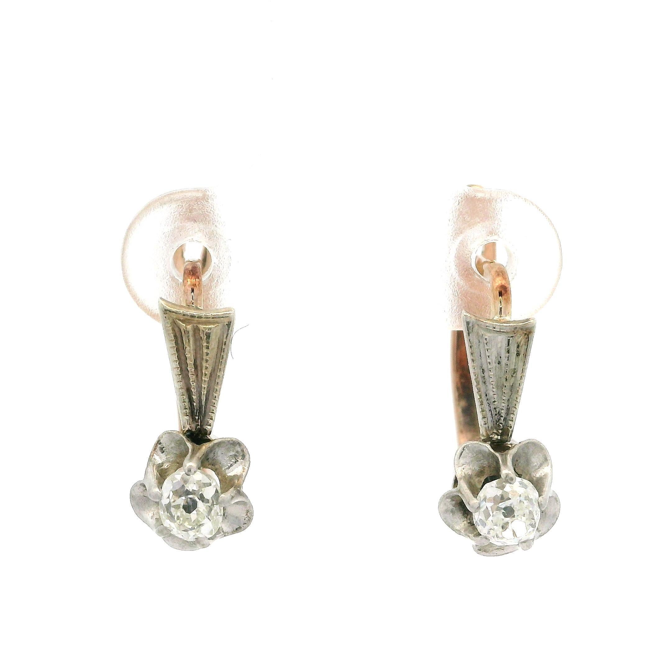 Antique 14k Gold & Silver 0.44ctw Old Mine Cut Diamond Floral Drop Earrings