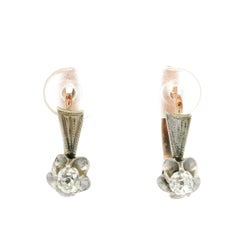 Antique 14k Gold & Silver 0.44ctw Old Mine Cut Diamond Floral Drop Earrings