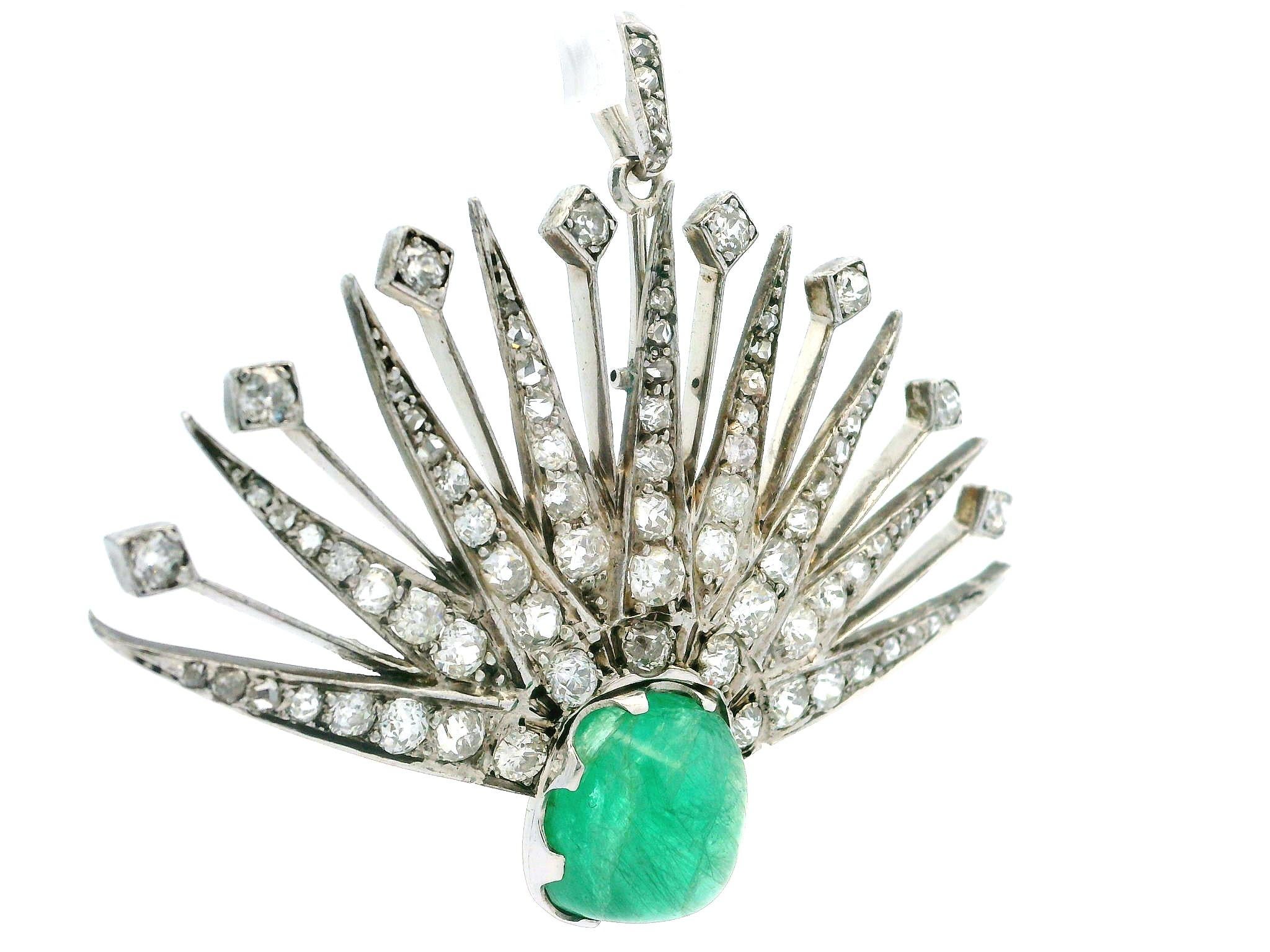–Stone(s)–
(1) Natural Genuine Emerald - Cushion Cabochon Cut - Prong Set - Very Nice Green Color - 10.90ct - 11.8x13.3x9.4mm (approx.)
(80) Natural Genuine Diamonds - Old Mine & Old Rose Cut - Pave Set - G-J Color - VS1-I2 Clarity - 4ctw