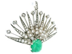 Antique 14k Gold Silver Cabochon Emerald Old Cut Diamond Spray Pendant