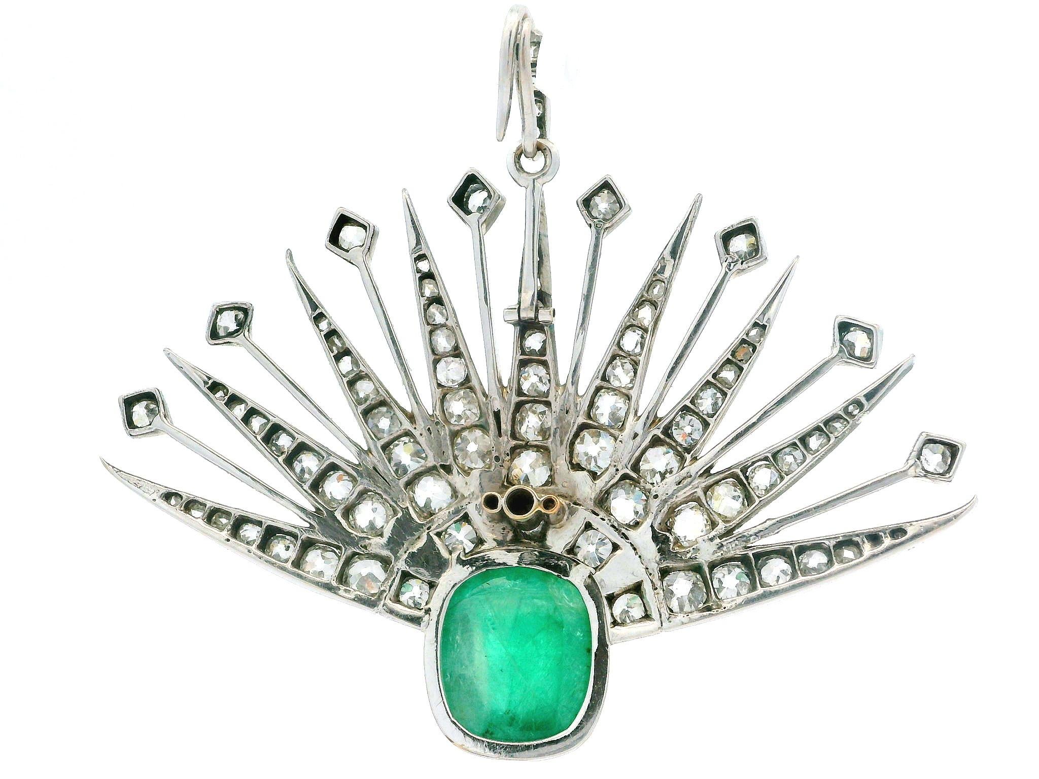 Antique 14k Gold Silver Cabochon Emerald Old Cut Diamond Spray Pendant In Excellent Condition For Sale In Montclair, NJ