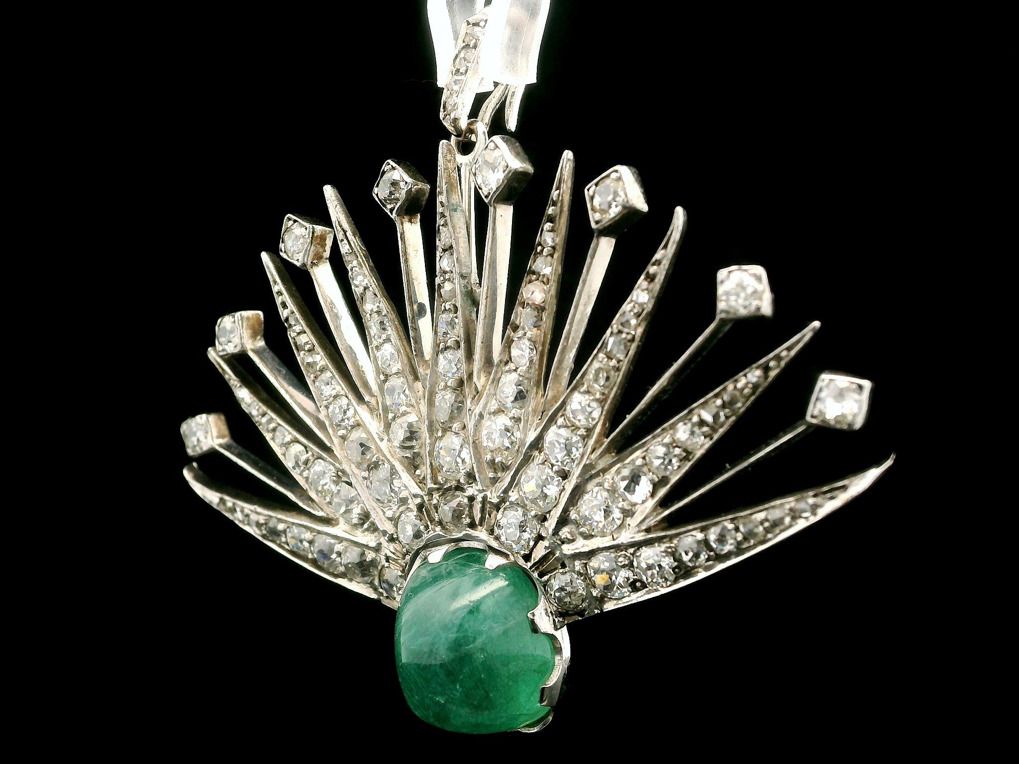 Antique 14k Gold Silver Cabochon Emerald Old Cut Diamond Spray Pendant For Sale 3