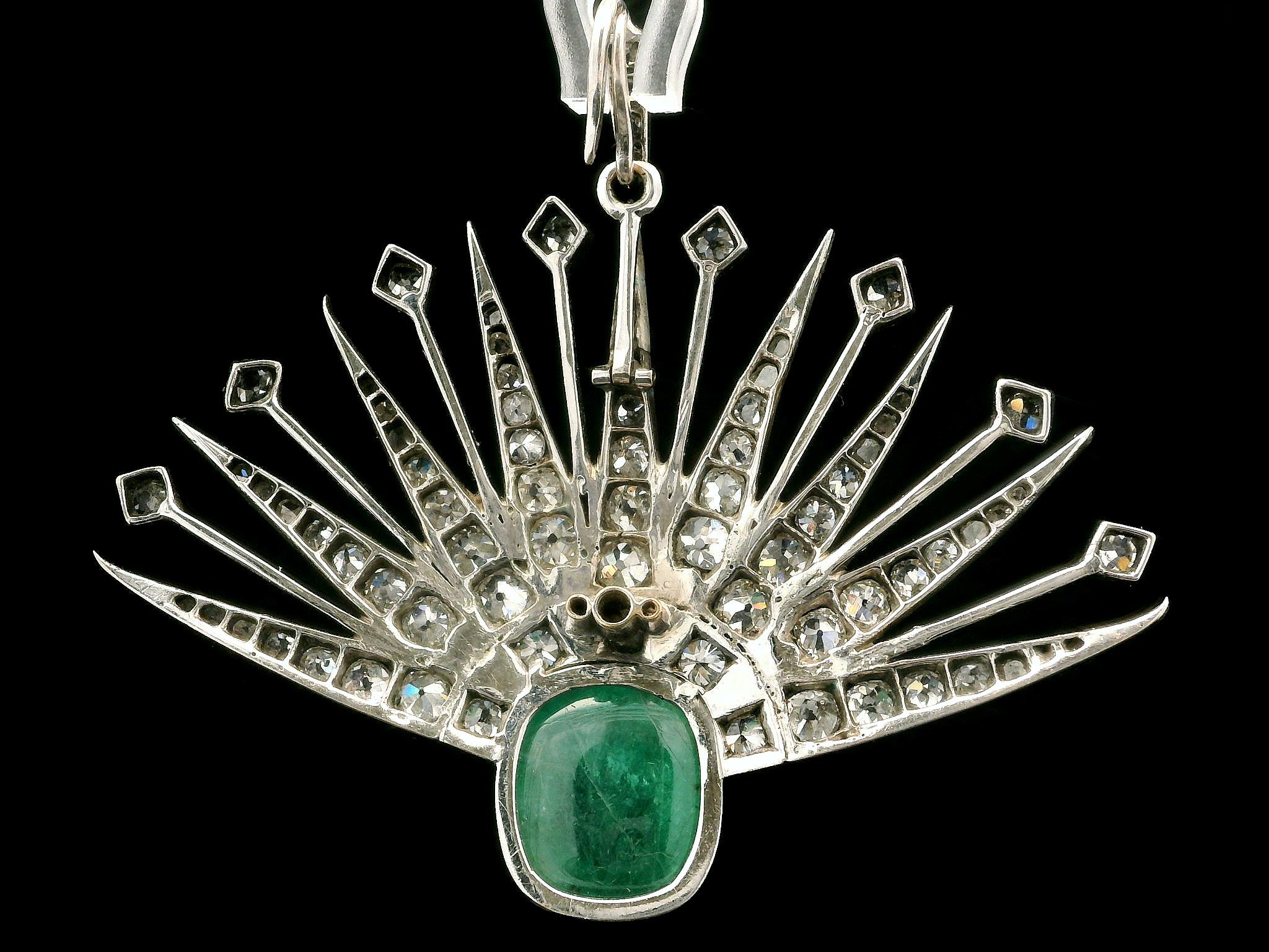 Antique 14k Gold Silver Cabochon Emerald Old Cut Diamond Spray Pendant For Sale 4