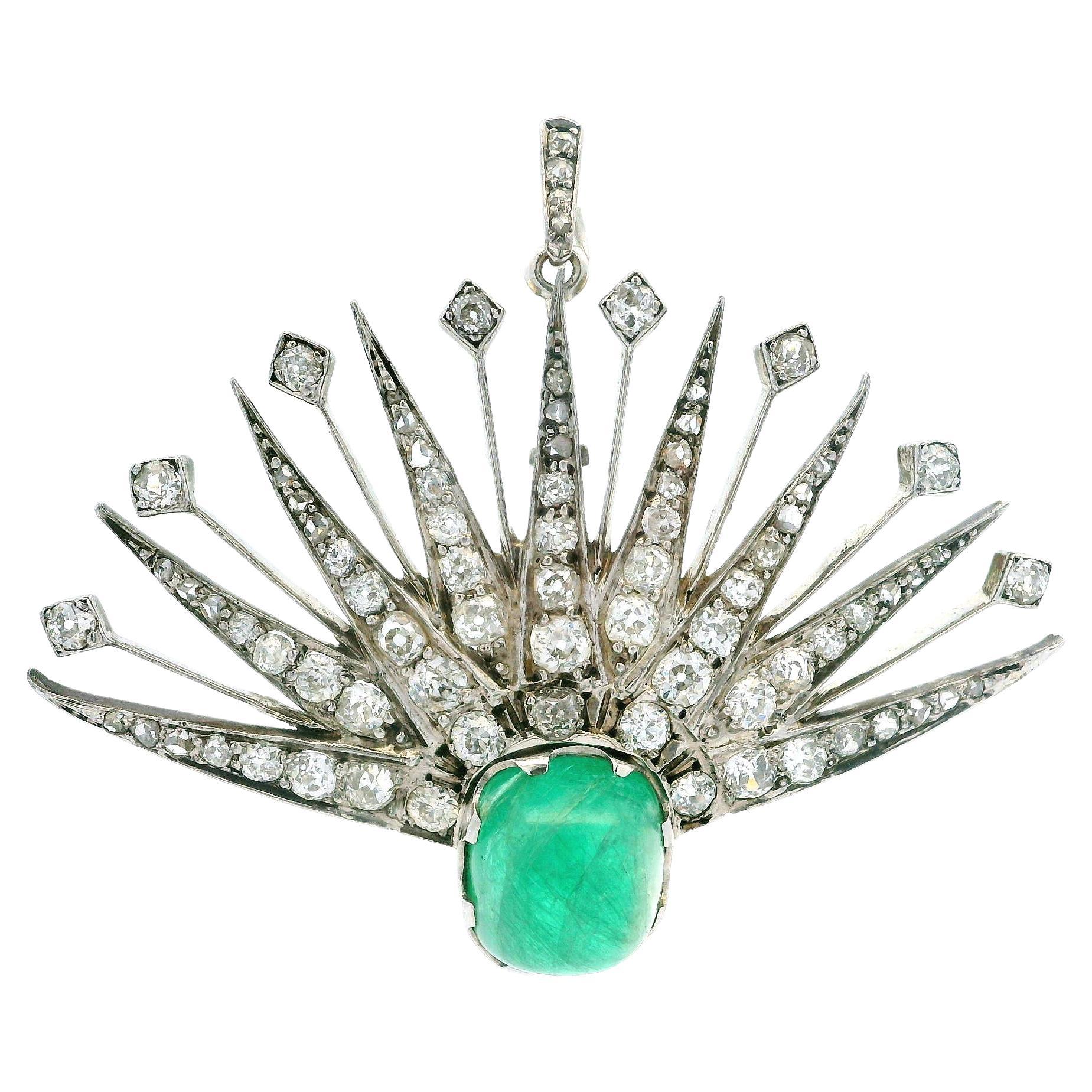 Antique 14k Gold Silver Cabochon Emerald Old Cut Diamond Spray Pendant For Sale