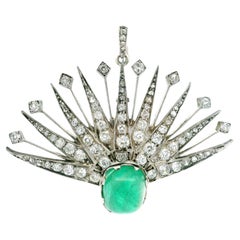 Antique 14k Gold Silver Cabochon Emerald Old Cut Diamond Spray Pendant