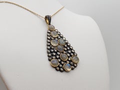 Antique 14K Gold Silver Moonstone Rose Cut Diamond Chakra Pendant Necklace