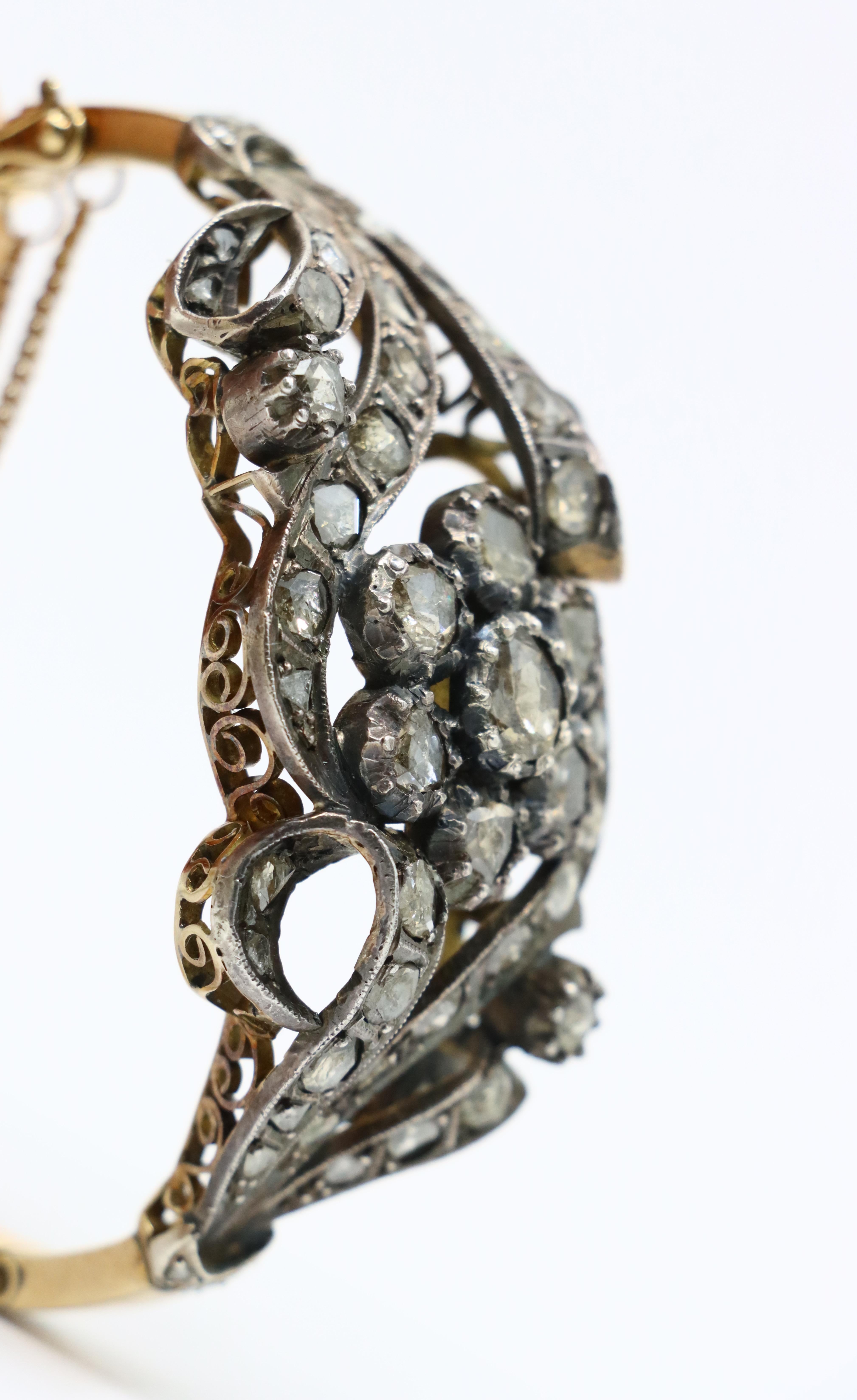 Bracelet ancien en or et argent 14K avec diamants taillés en rose en vente 9