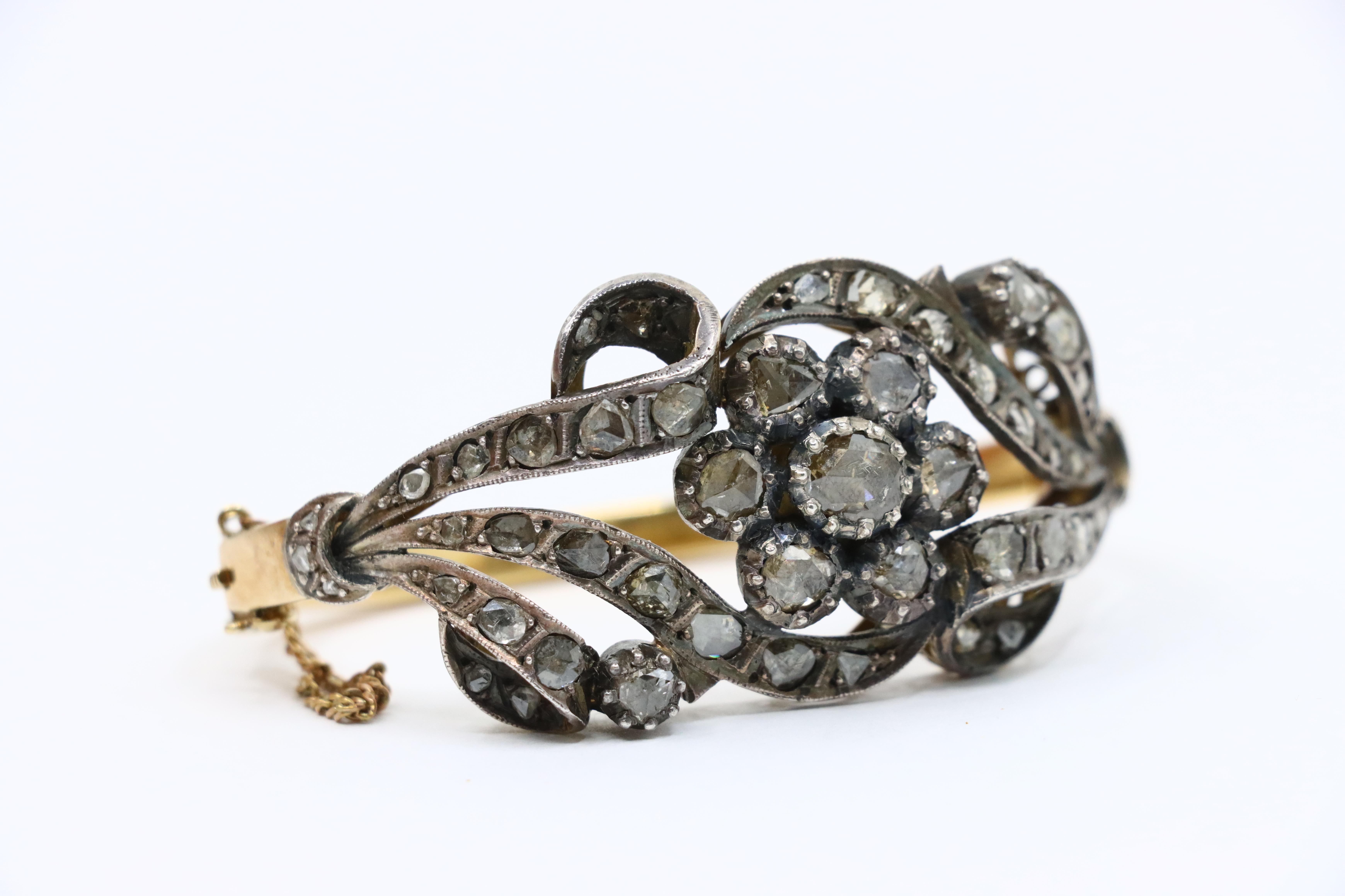 Bracelet ancien en or et argent 14K avec diamants taillés en rose en vente 10