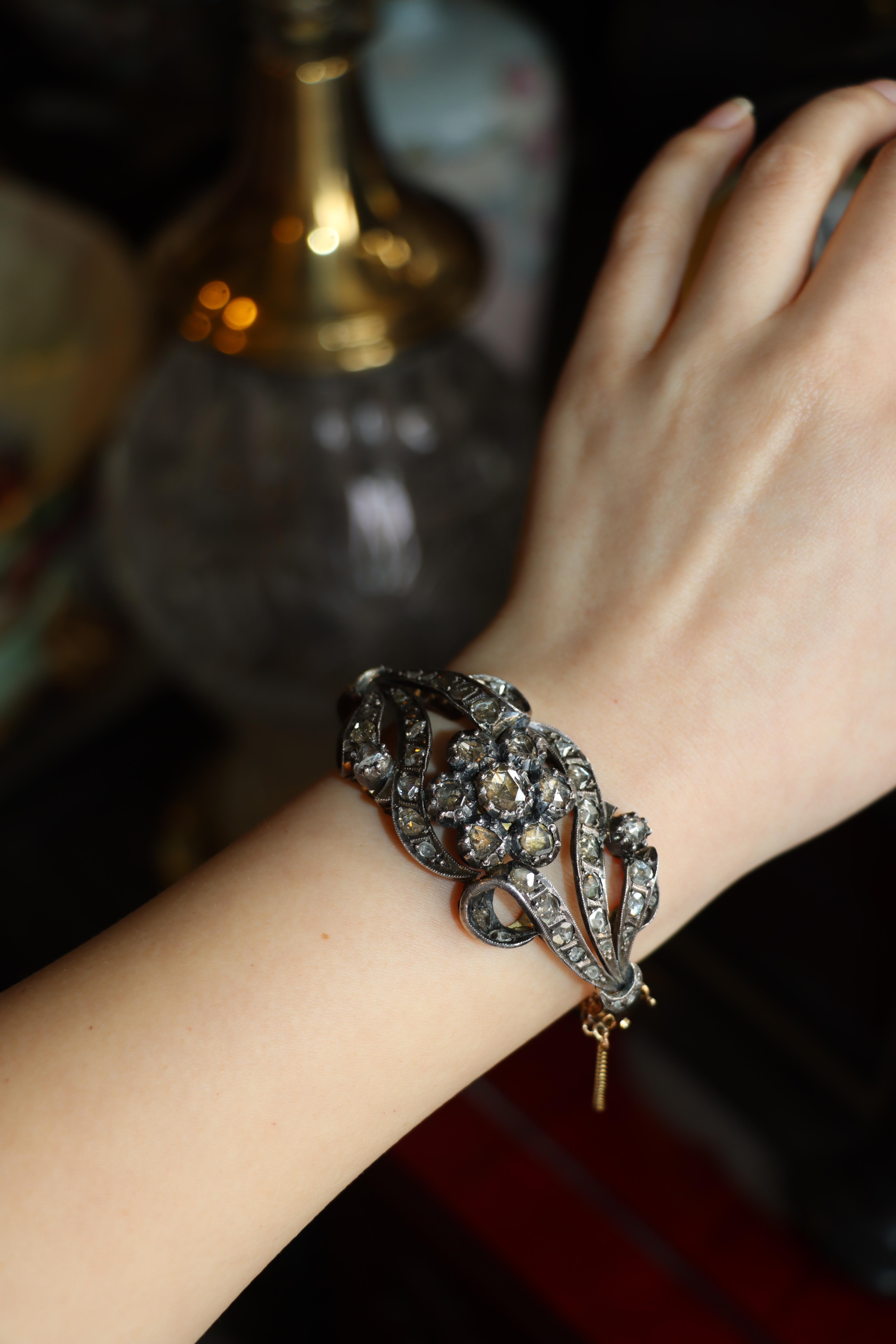 Taille ronde Bracelet ancien en or et argent 14K avec diamants taillés en rose en vente