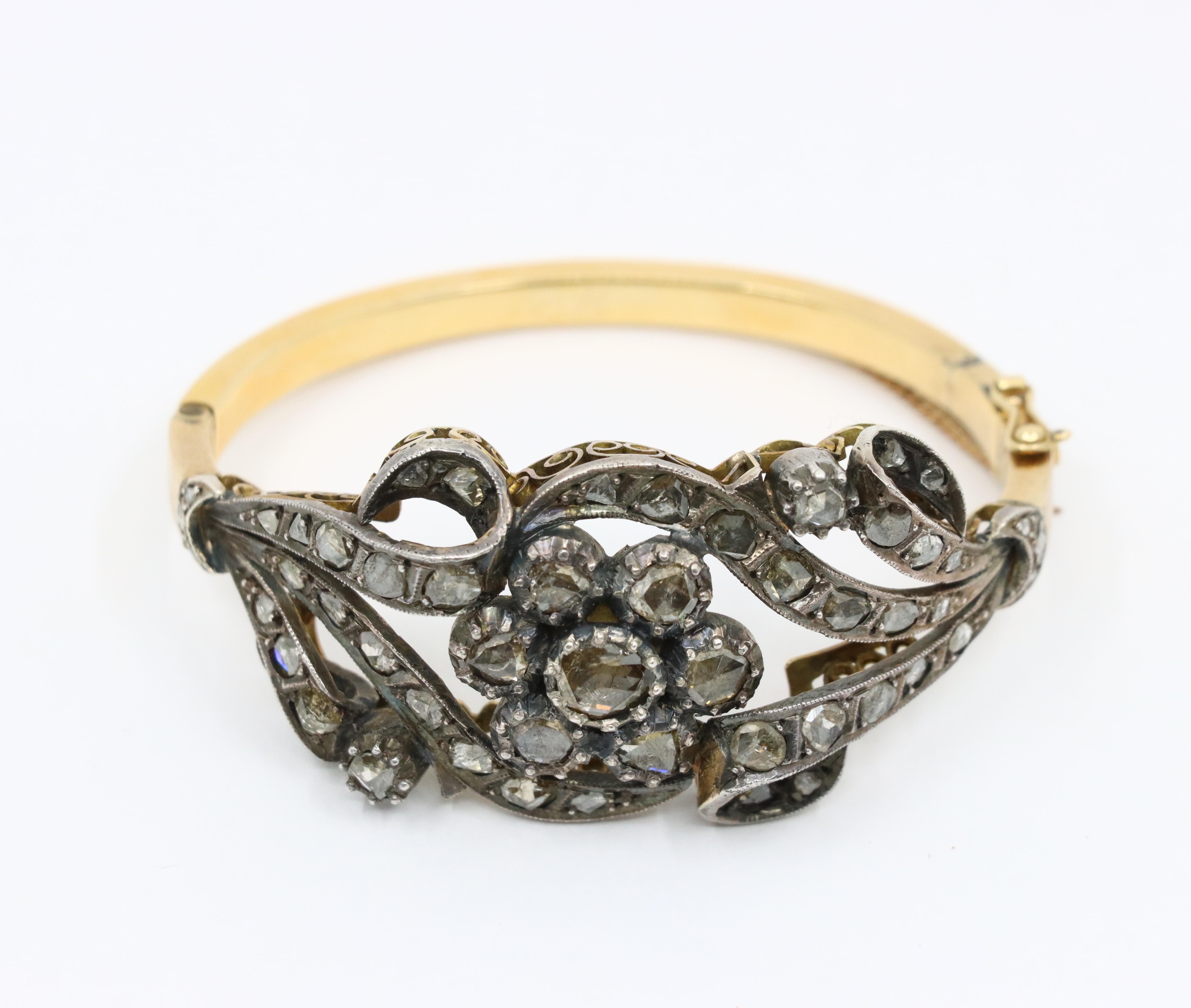 Bracelet ancien en or et argent 14K avec diamants taillés en rose Bon état - En vente à Flushing, NY