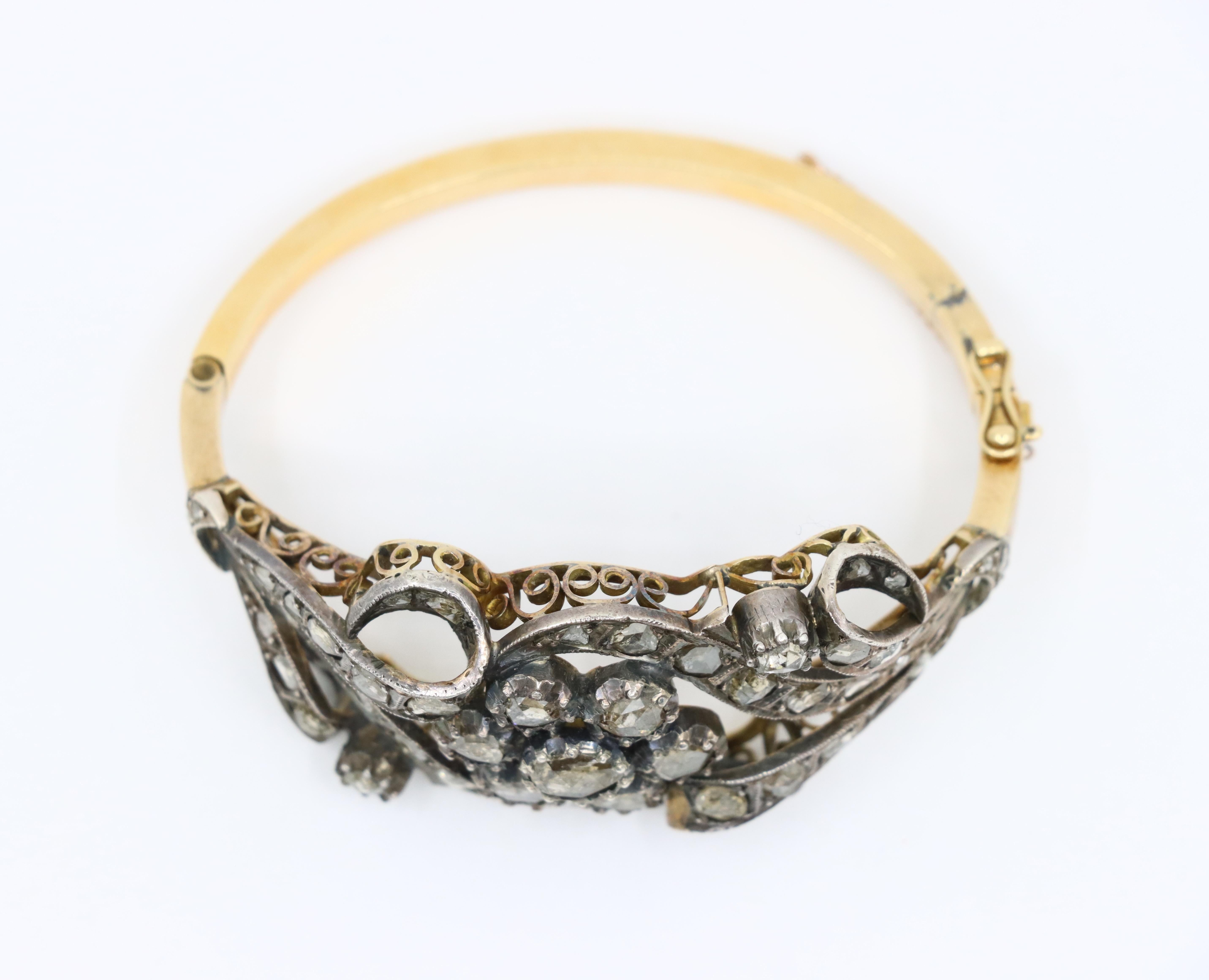 Bracelet ancien en or et argent 14K avec diamants taillés en rose Unisexe en vente