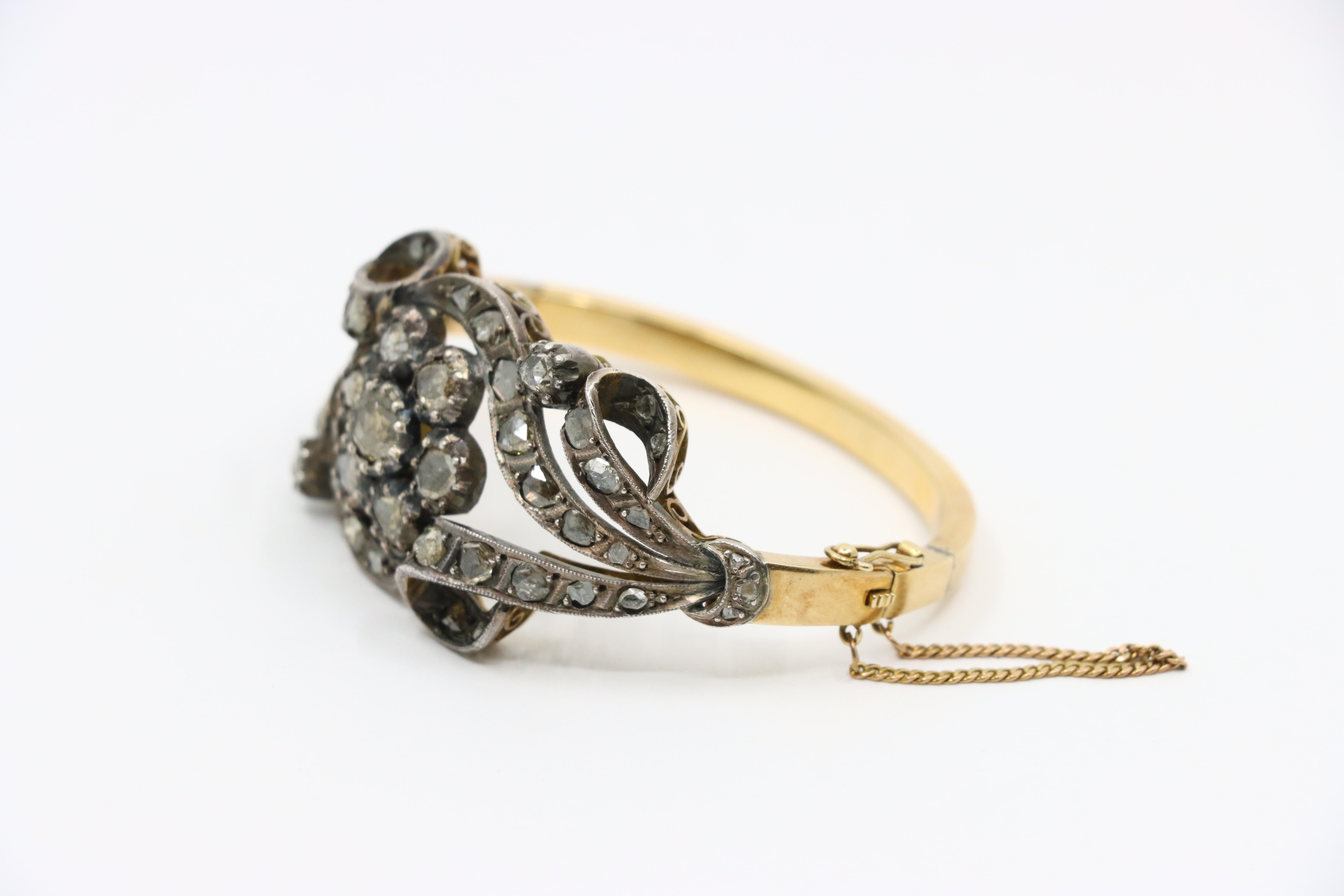 Bracelet ancien en or et argent 14K avec diamants taillés en rose en vente 1