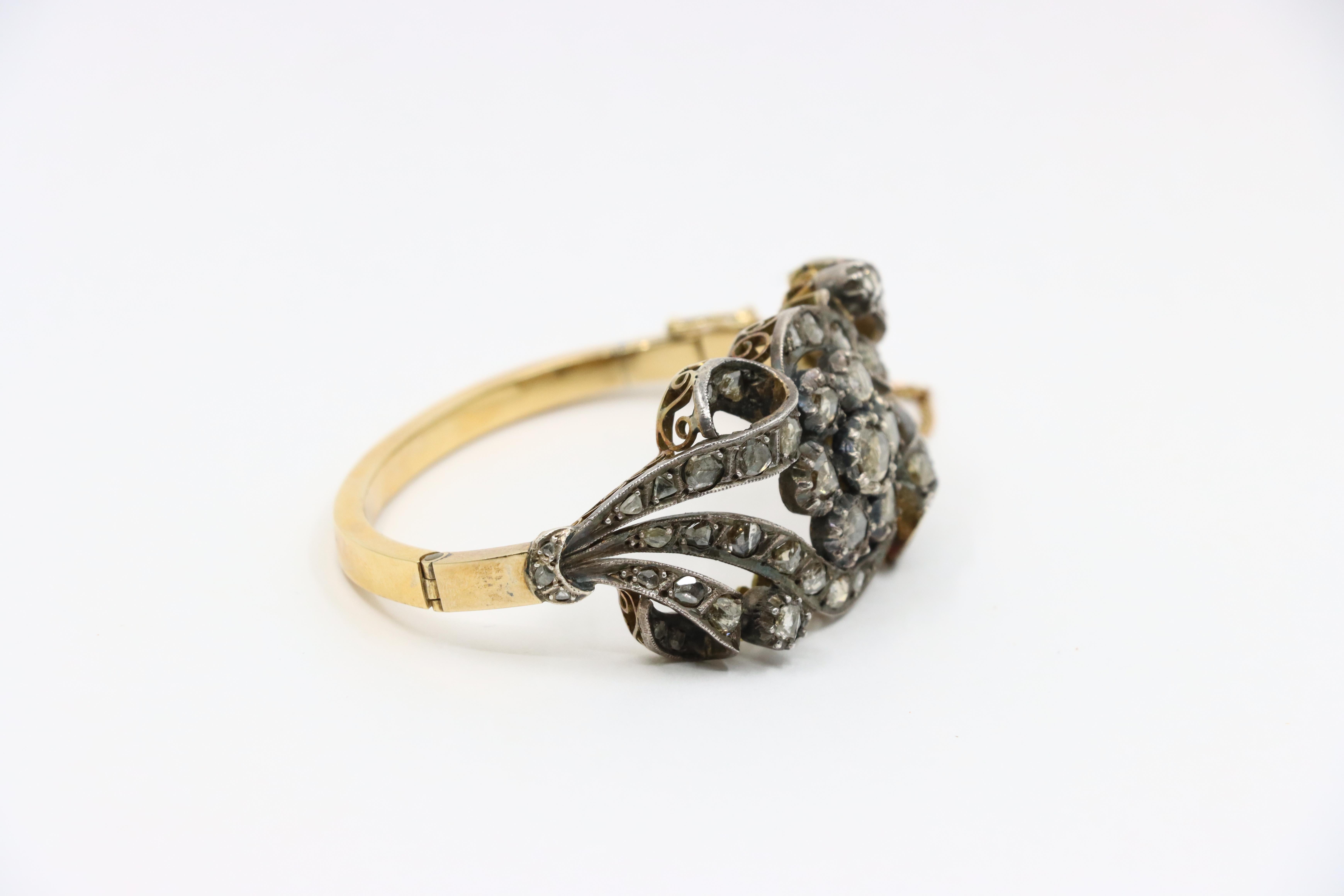 Bracelet ancien en or et argent 14K avec diamants taillés en rose en vente 2