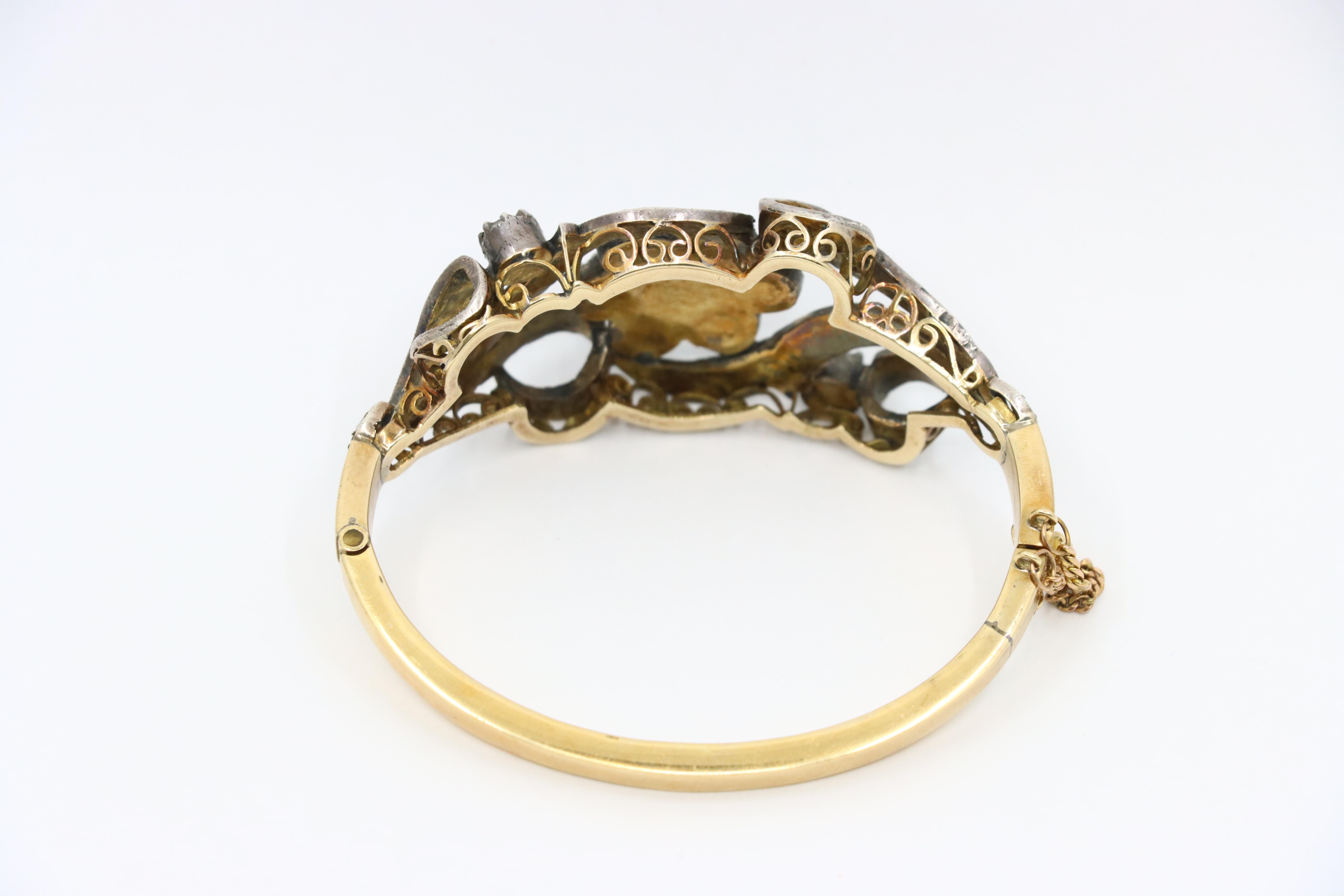 Bracelet ancien en or et argent 14K avec diamants taillés en rose en vente 3