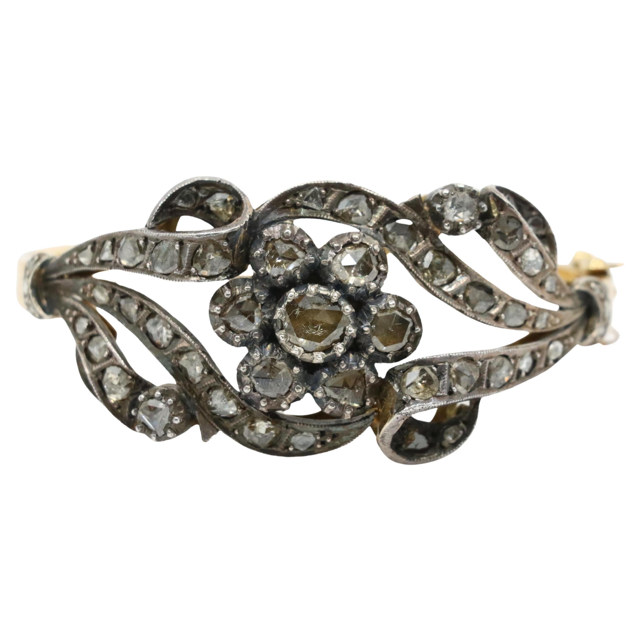 Antique 14K Gold & Silver Rose Cut Diamond Bracelet