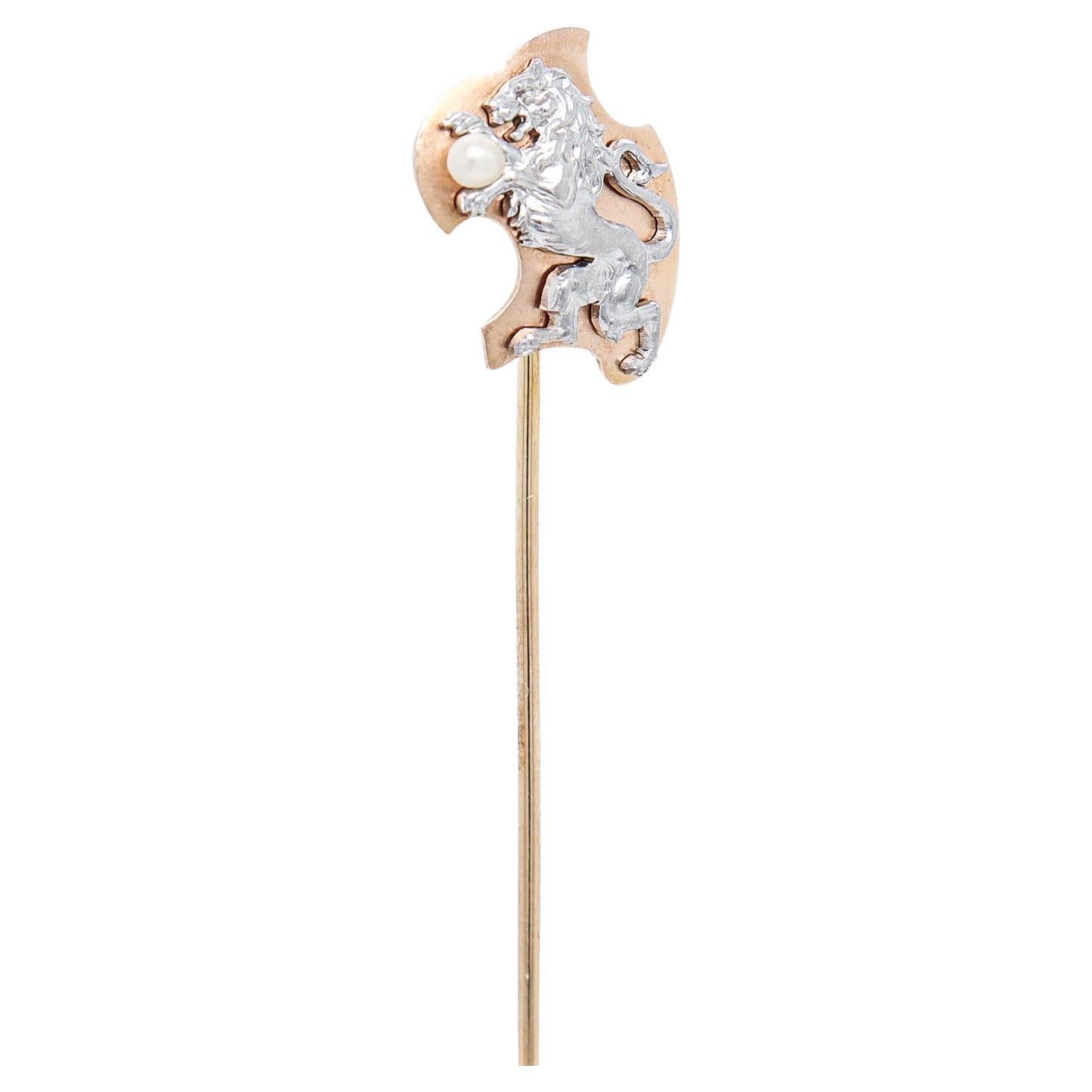 Antique 14k Gold, Sterling Silver, & Pearl Rampant Lion Stickpin