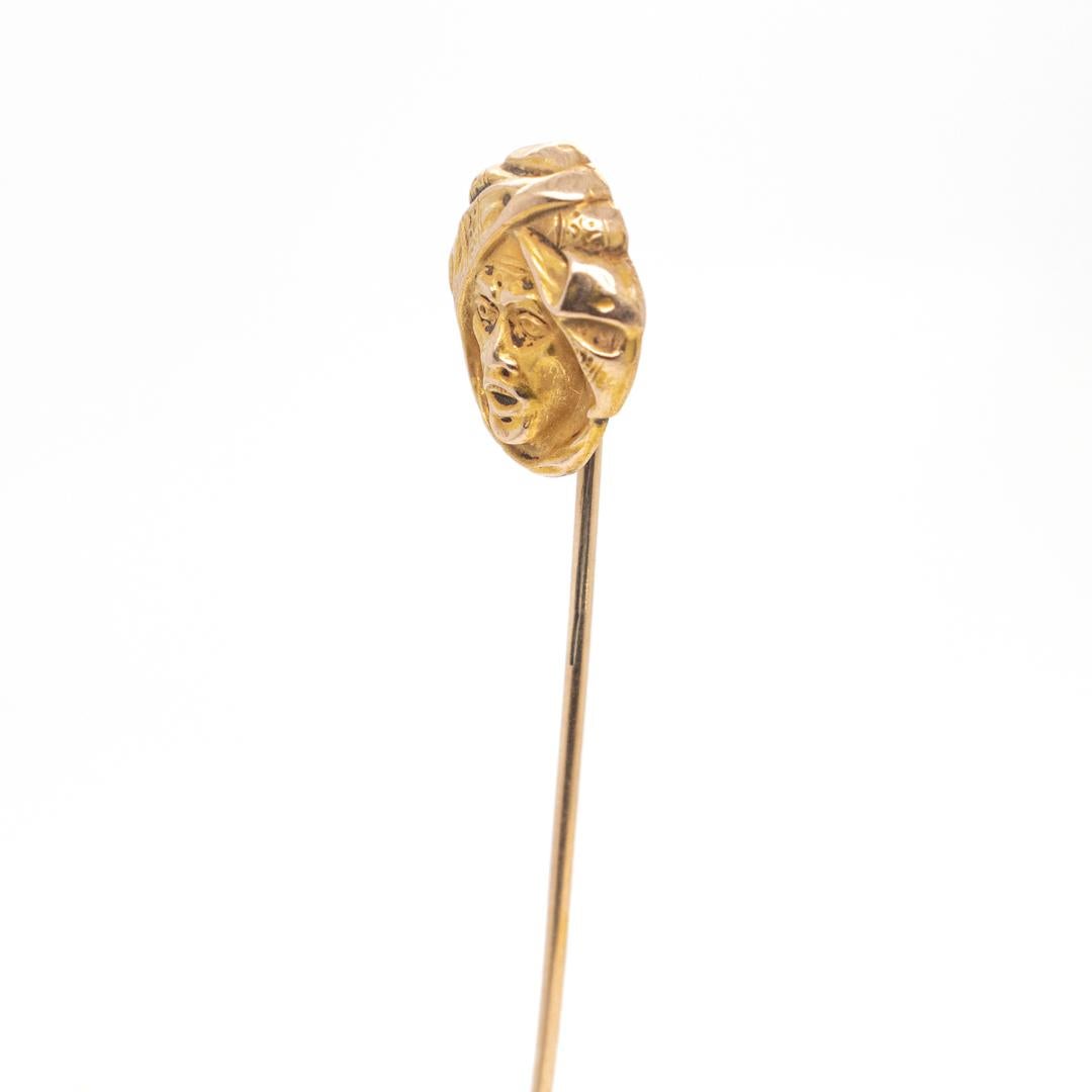 Women's or Men's Antique 14k Gold Stick Pin with a Bust of a Turbaned North African or Arab Man For Sale
