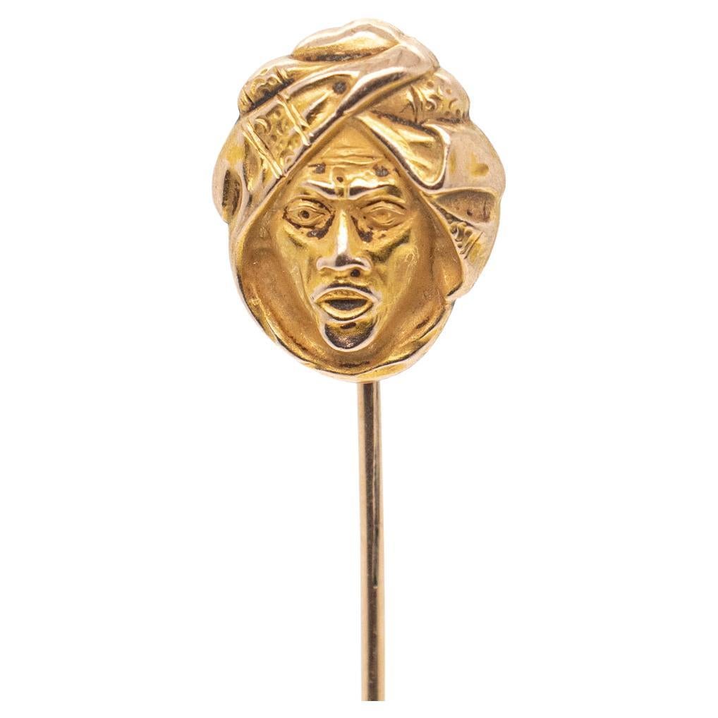 Épingle de bâton ancienne en or 14k représentant le buste d'un homme arabe ou nord-africain enturbanné