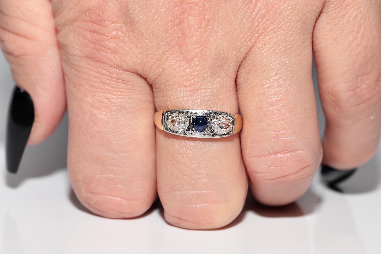 Bague ancienne en or 14 carats avec diamants naturels taille ancienne et saphirs en vente 9