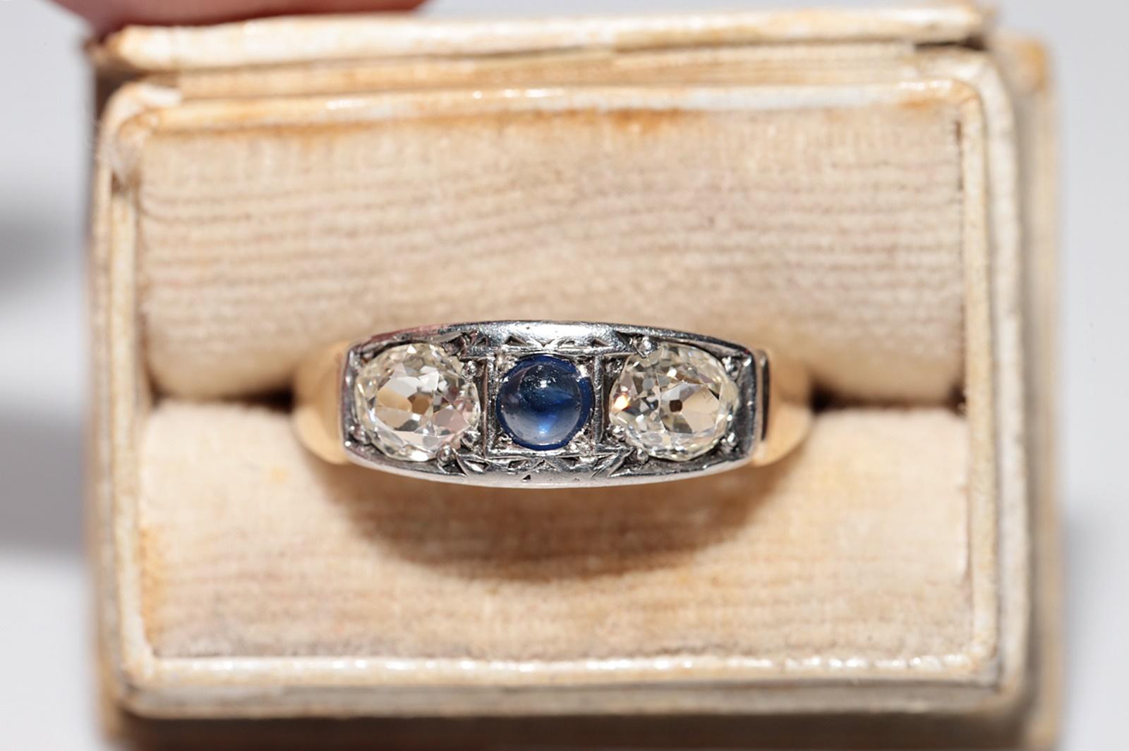In very good condition.
Total weight is 3.6 grams.
Totally is old cut diamond about 0.85 ct.
The diamond is has H-I color and s1 clarity.
Totally is sapphire 0.26 ct.
Ring size is US 8
We can make any size.
Please contact for any questions.