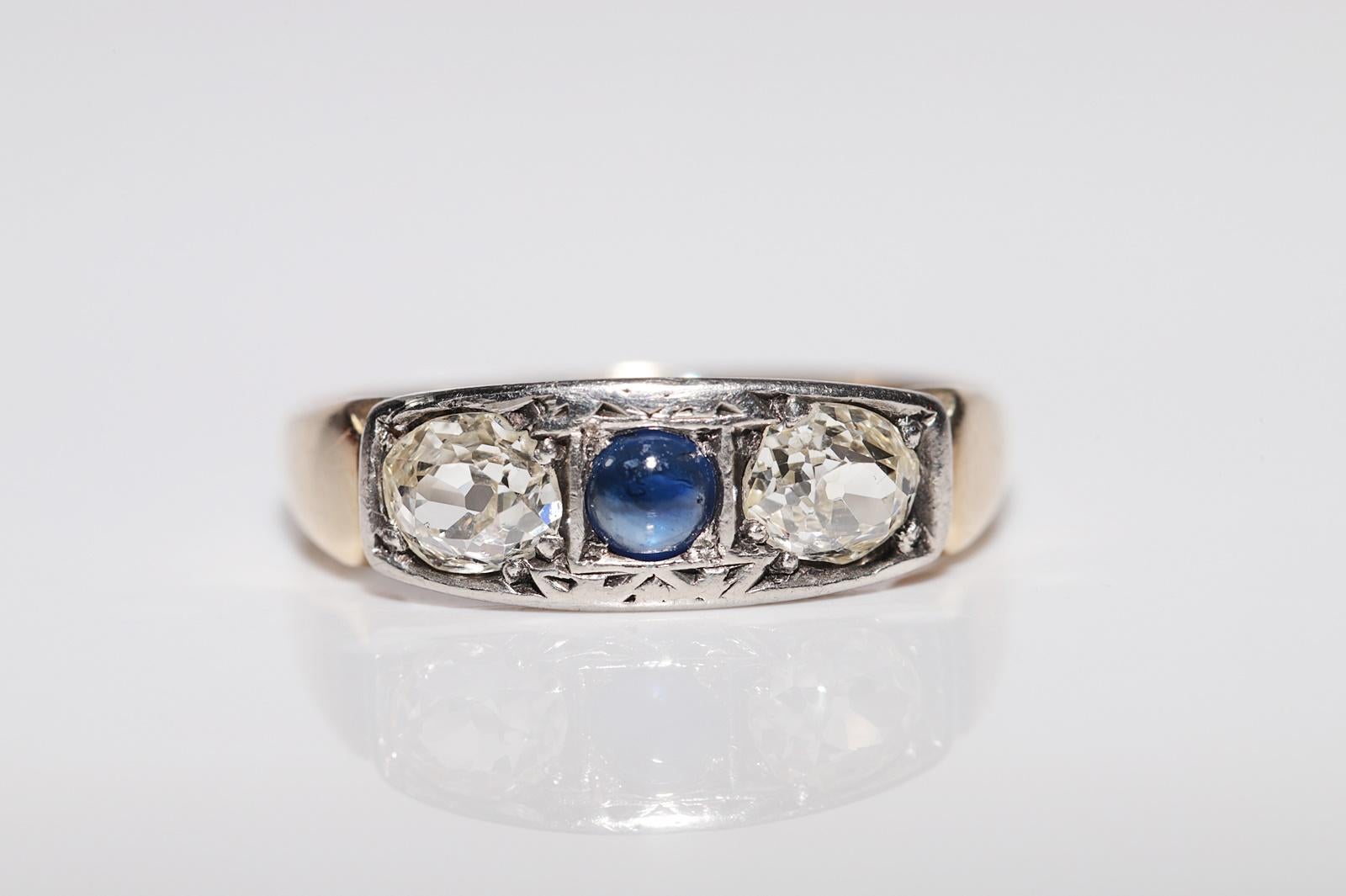 Taille vieille mine Bague ancienne en or 14 carats avec diamants naturels taille ancienne et saphirs en vente