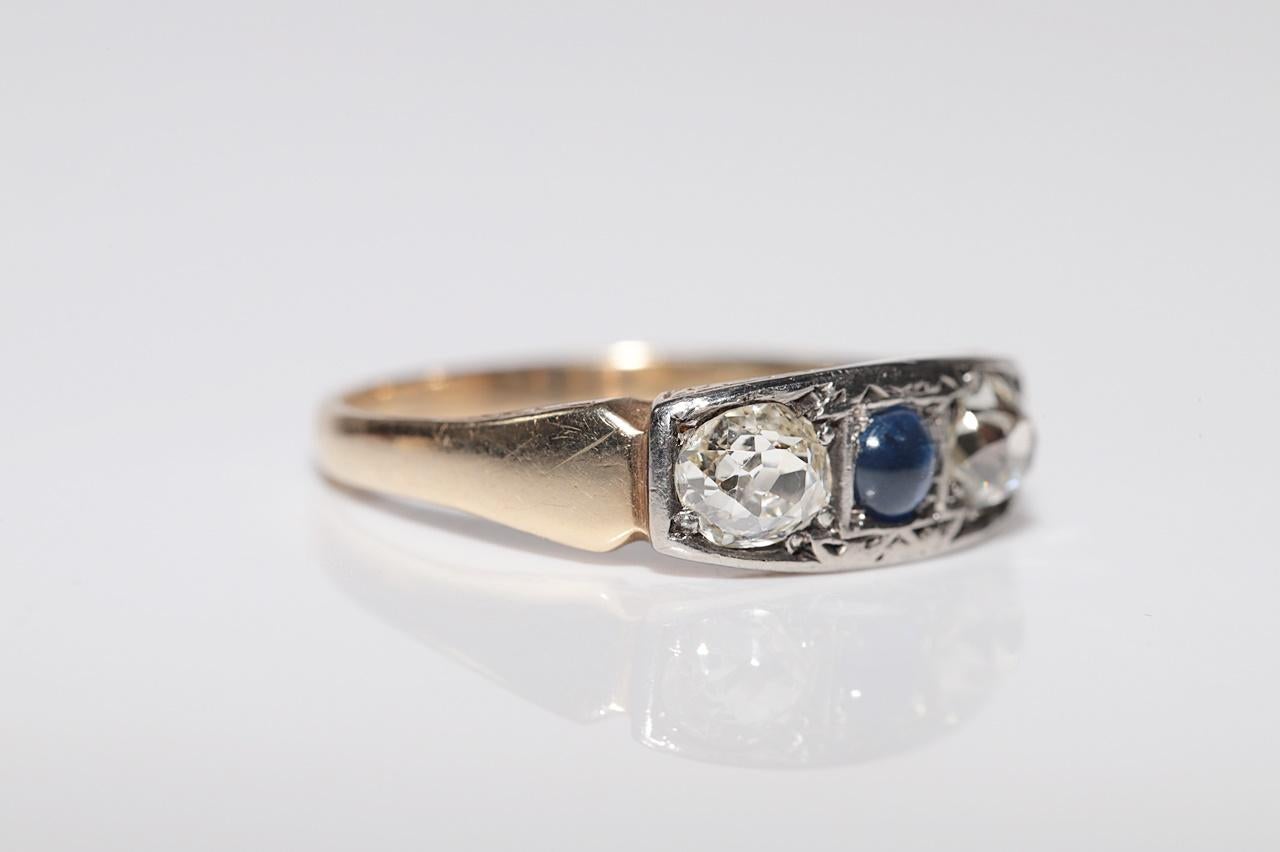 Antique 14k Gold Top Silver Natural Old Cut Diamond And Sapphire Ring In Good Condition For Sale In Fatih/İstanbul, 34