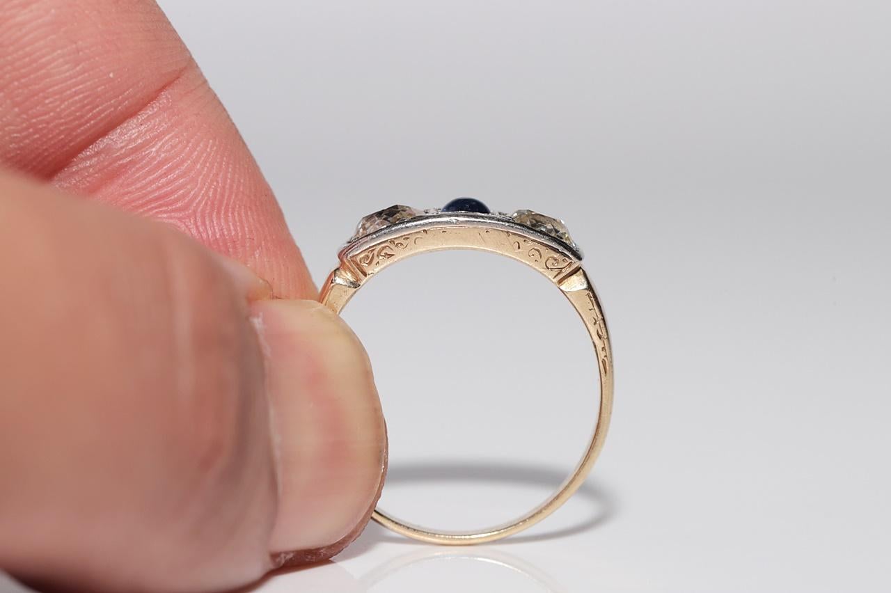 Bague ancienne en or 14 carats avec diamants naturels taille ancienne et saphirs en vente 1