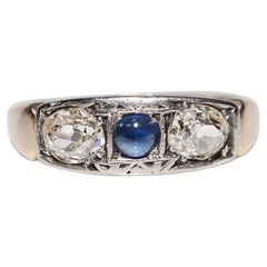 Anello antico in oro 14k e argento con diamanti e zaffiri taglio vecchio Nature