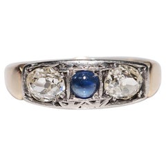 Antiker 14k Gold Top Silber Natürlicher Altschliff Diamant und Saphir Ring