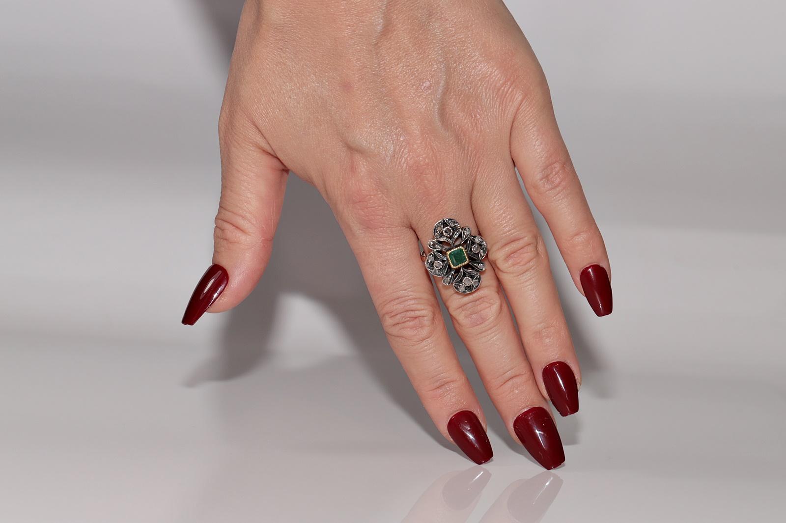 Antique 14k Gold Top Silver Natural Rose Cut Diamond And Emerald Ring For Sale 7