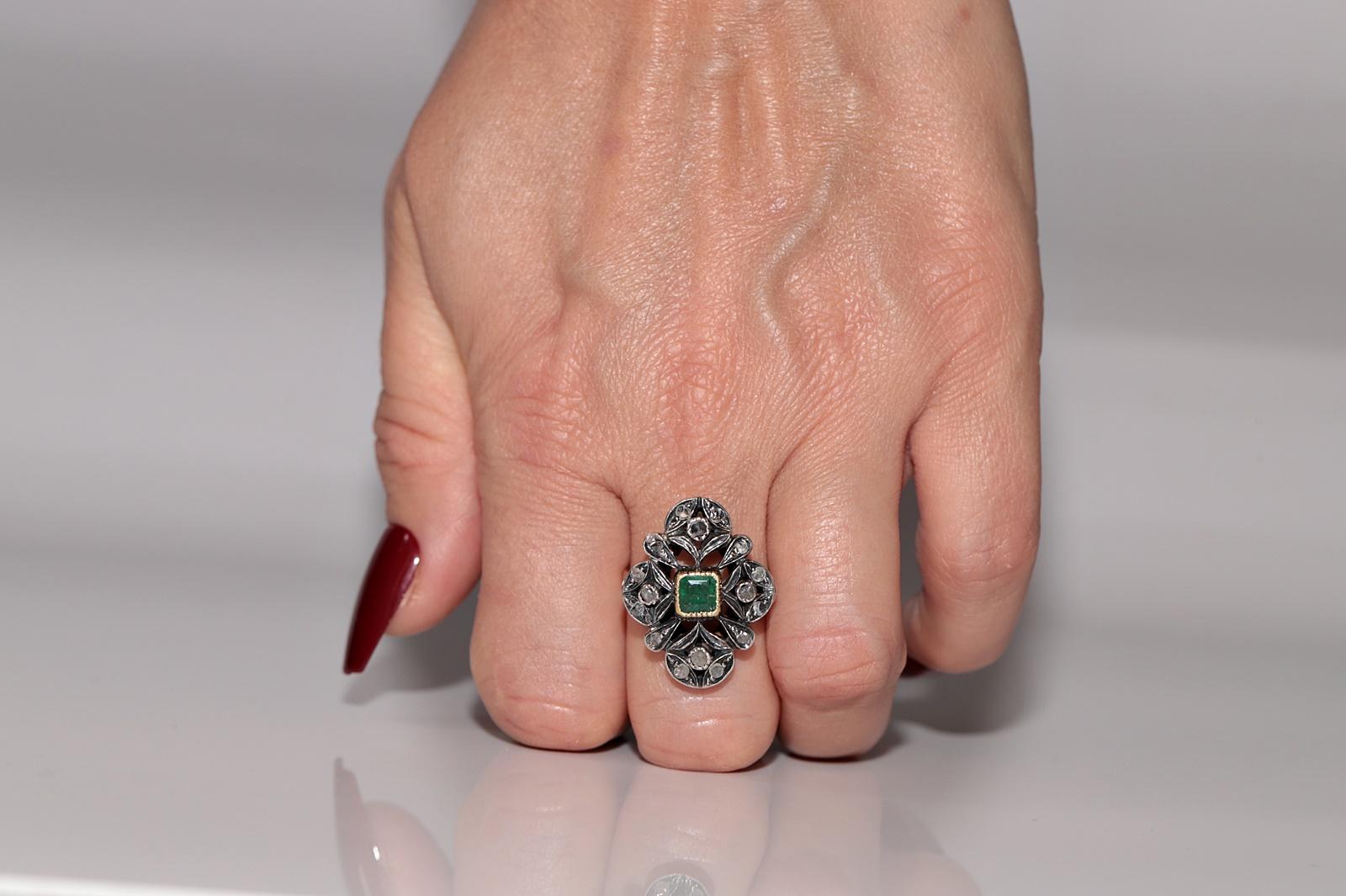 Antique 14k Gold Top Silver Natural Rose Cut Diamond And Emerald Ring For Sale 8