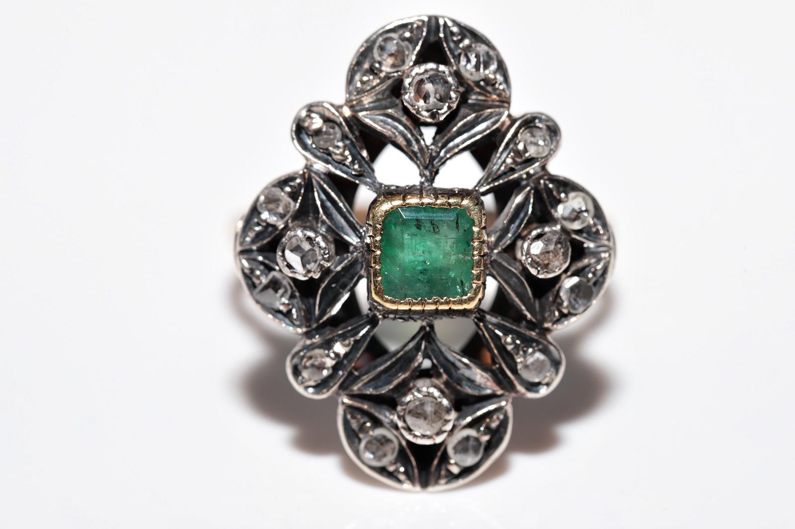 Victorian Antique 14k Gold Top Silver Natural Rose Cut Diamond And Emerald Ring For Sale