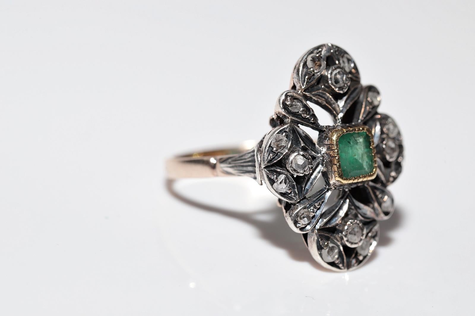 Women's Antique 14k Gold Top Silver Natural Rose Cut Diamond And Emerald Ring For Sale