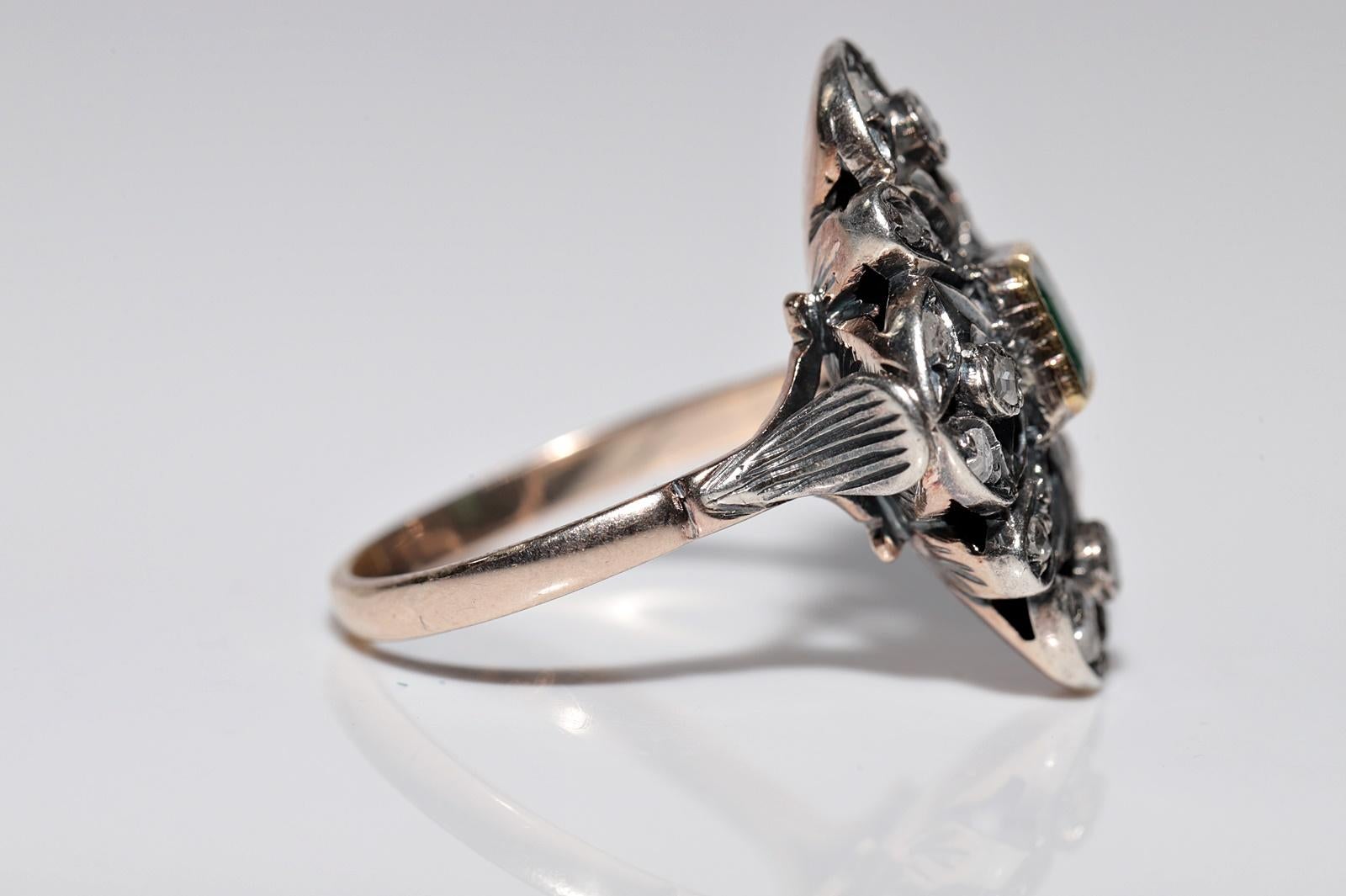 Antique 14k Gold Top Silver Natural Rose Cut Diamond And Emerald Ring For Sale 1