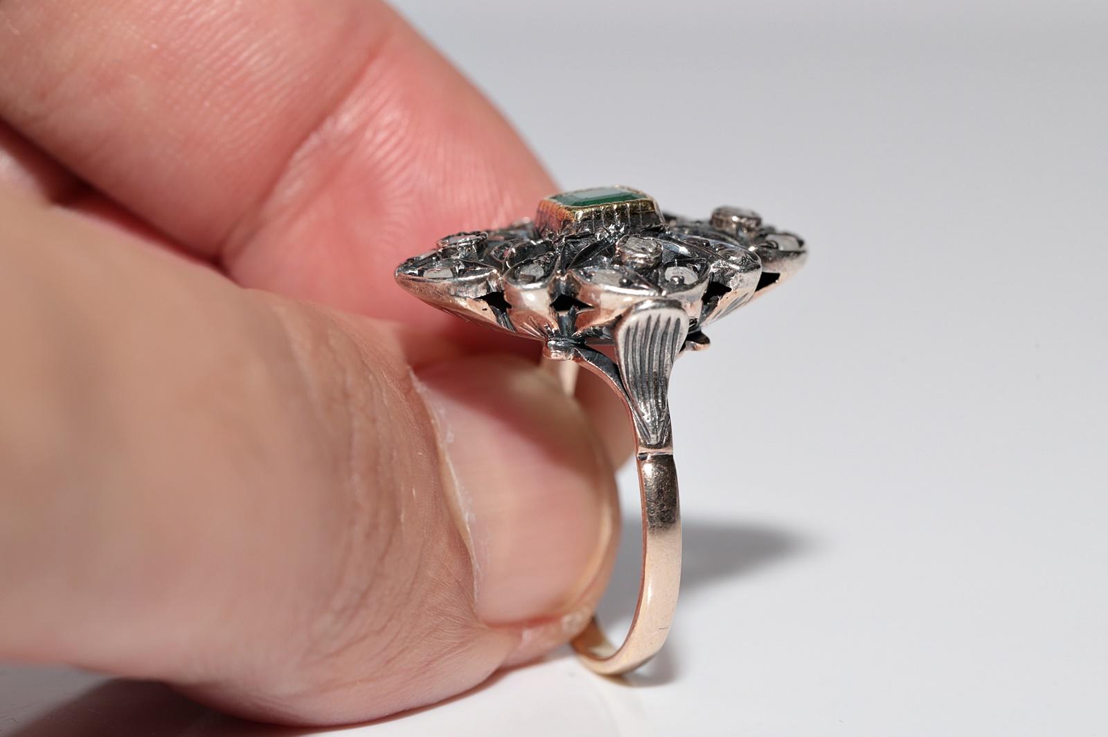 Antique 14k Gold Top Silver Natural Rose Cut Diamond And Emerald Ring For Sale 2