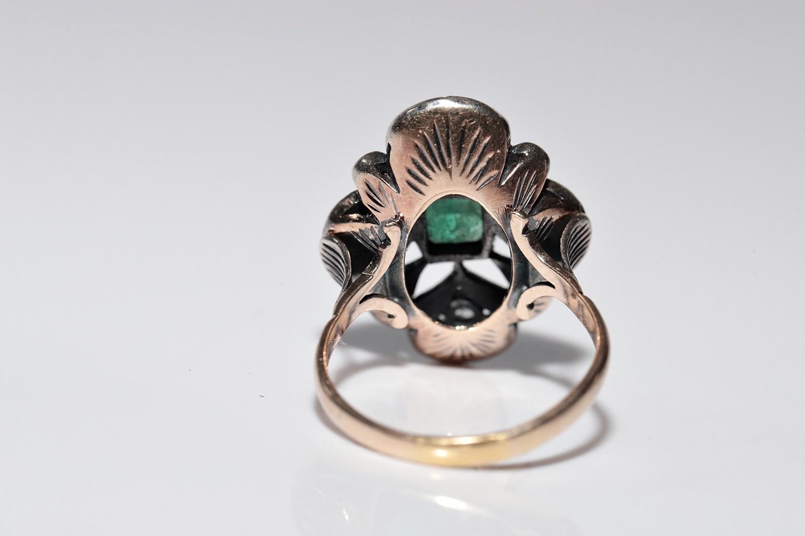 Antique 14k Gold Top Silver Natural Rose Cut Diamond And Emerald Ring For Sale 3